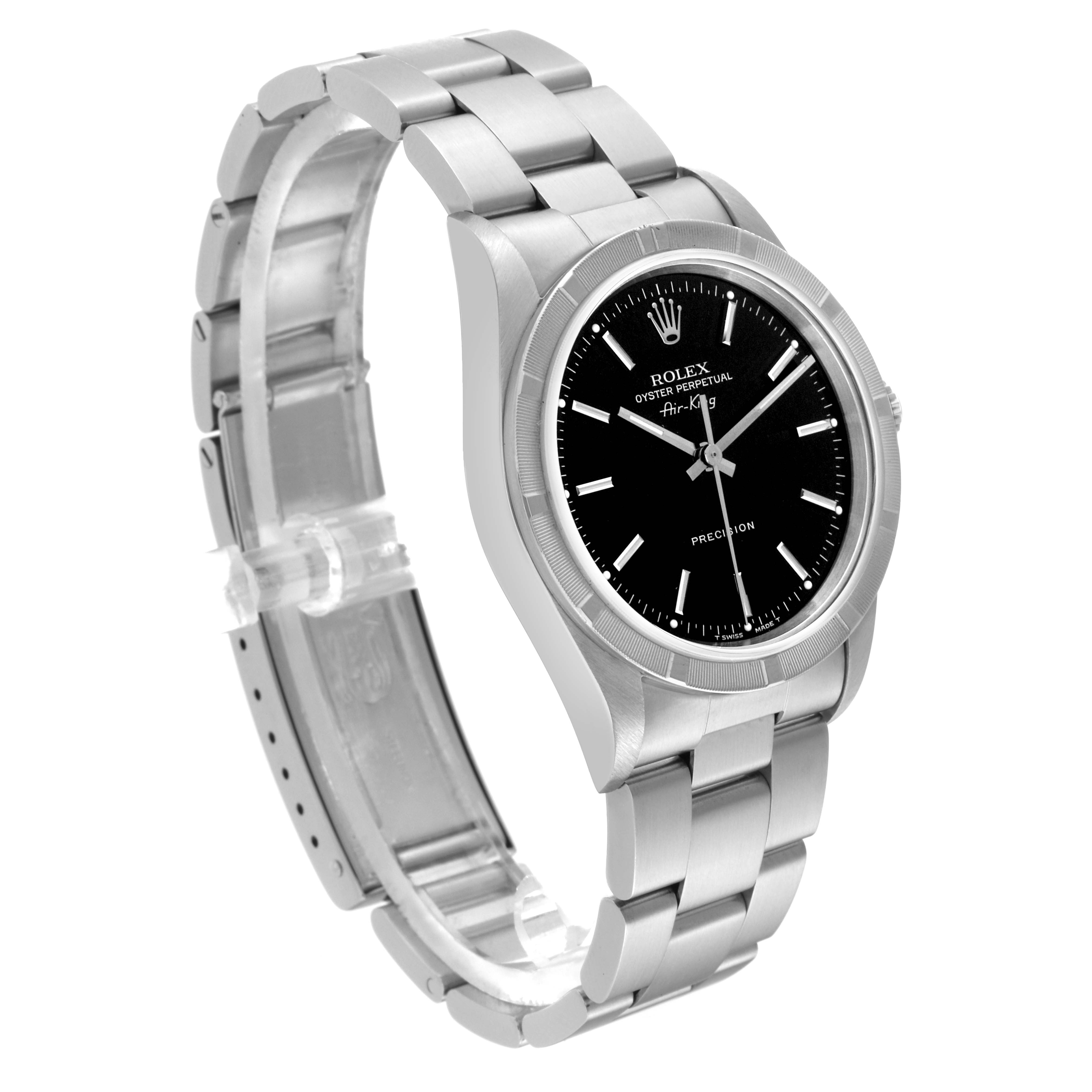 The image shows the Rolex Air-King 14010 Men's Stainless Steel Black Dial 14010 Men's Stainless Steel Black Dial watch at an angle displaying the face, bezel, and metal bracelet.