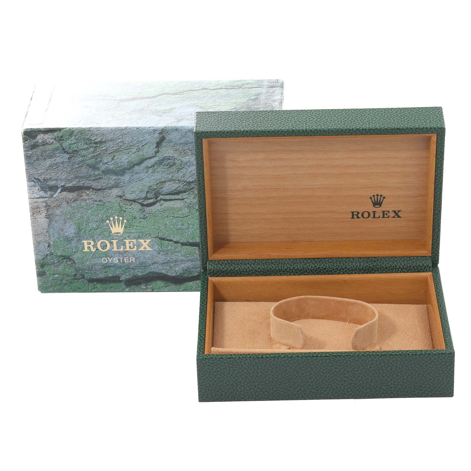 The image shows an open green Rolex Air-King 14010 Men's Stainless Steel Black Dial 14010 Men's Stainless Steel Black Dial box with a partially visible outer box.