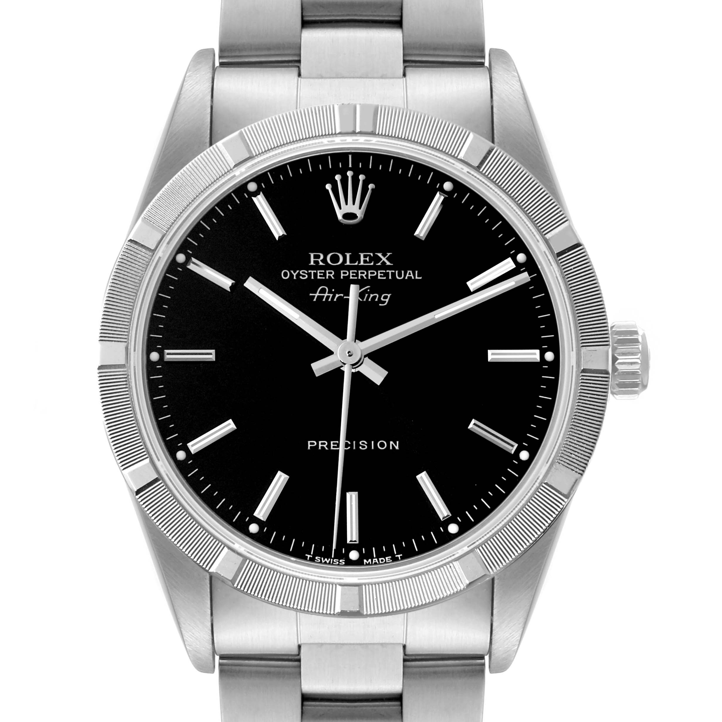 The image shows a front view of the Rolex Air-King 14010 Men's Stainless Steel Black Dial 14010 Men's Stainless Steel Black Dial watch, highlighting its black dial, bezel, and stainless steel bracelet.