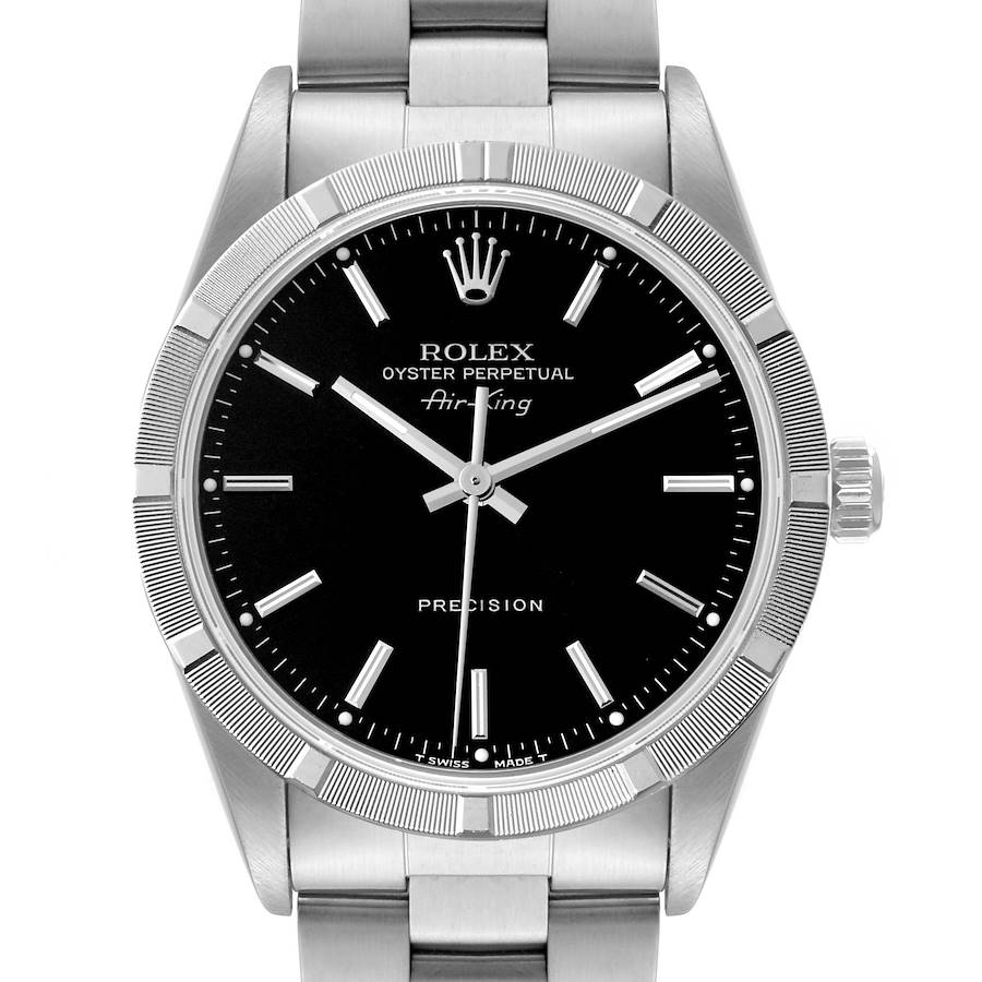 Rolex Air King Engine Turned Bezel Black Dial Steel Mens Watch 14010 SwissWatchExpo