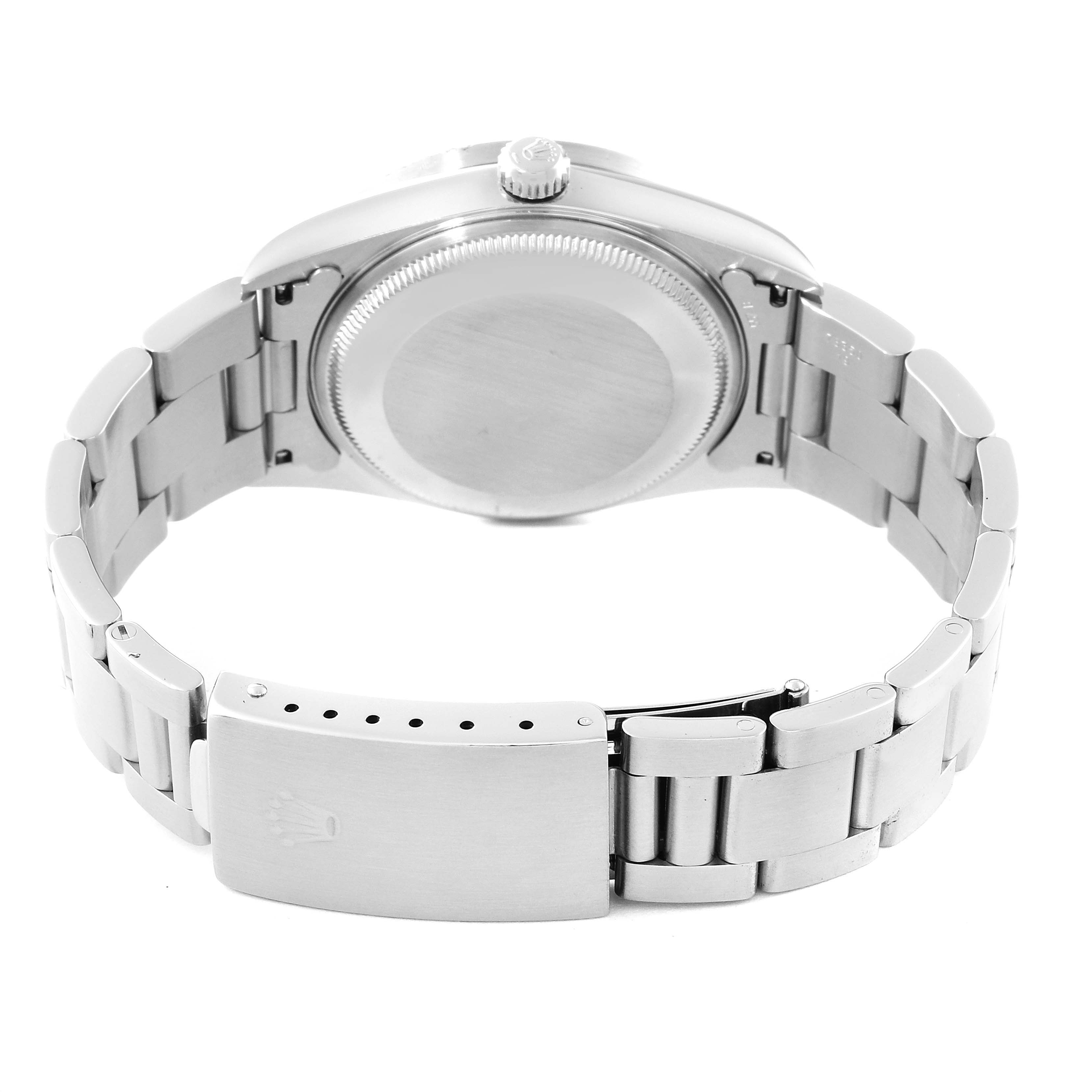 This image shows the back case and bracelet clasp of a Rolex Air-King 14010M Men's Stainless Steel Black Dial 14010M Men's Stainless Steel Black Dial watch from a rear angle.