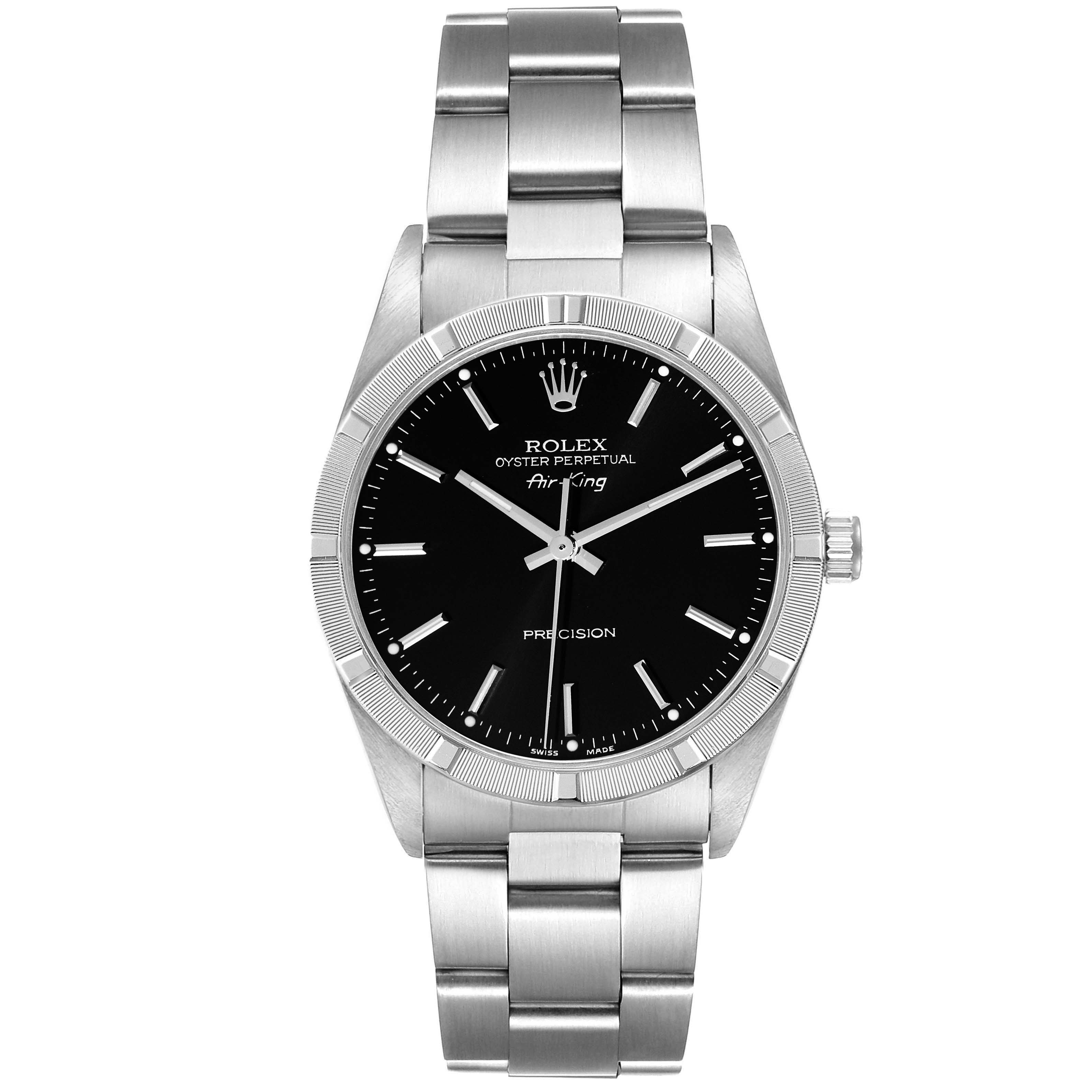 The image shows a Rolex Air-King 14010M Men's Stainless Steel Black Dial 14010M Men's Stainless Steel Black Dial watch from a front angle, highlighting the face, bezel, and bracelet.