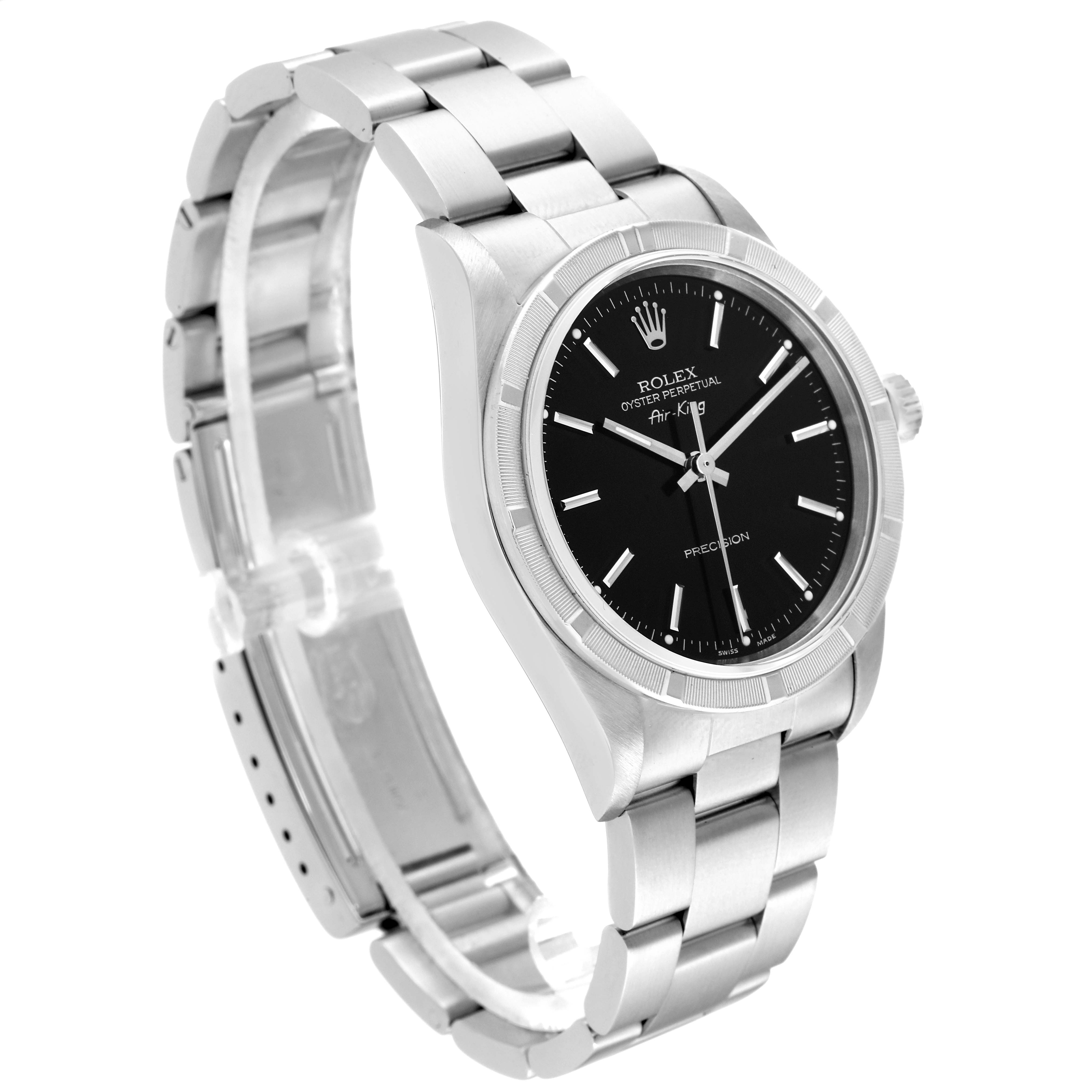 The image shows a Rolex Air-King 14010M Men's Stainless Steel Black Dial 14010M Men's Stainless Steel Black Dial watch from a three-quarter angle, highlighting the bracelet, case, and watch face.