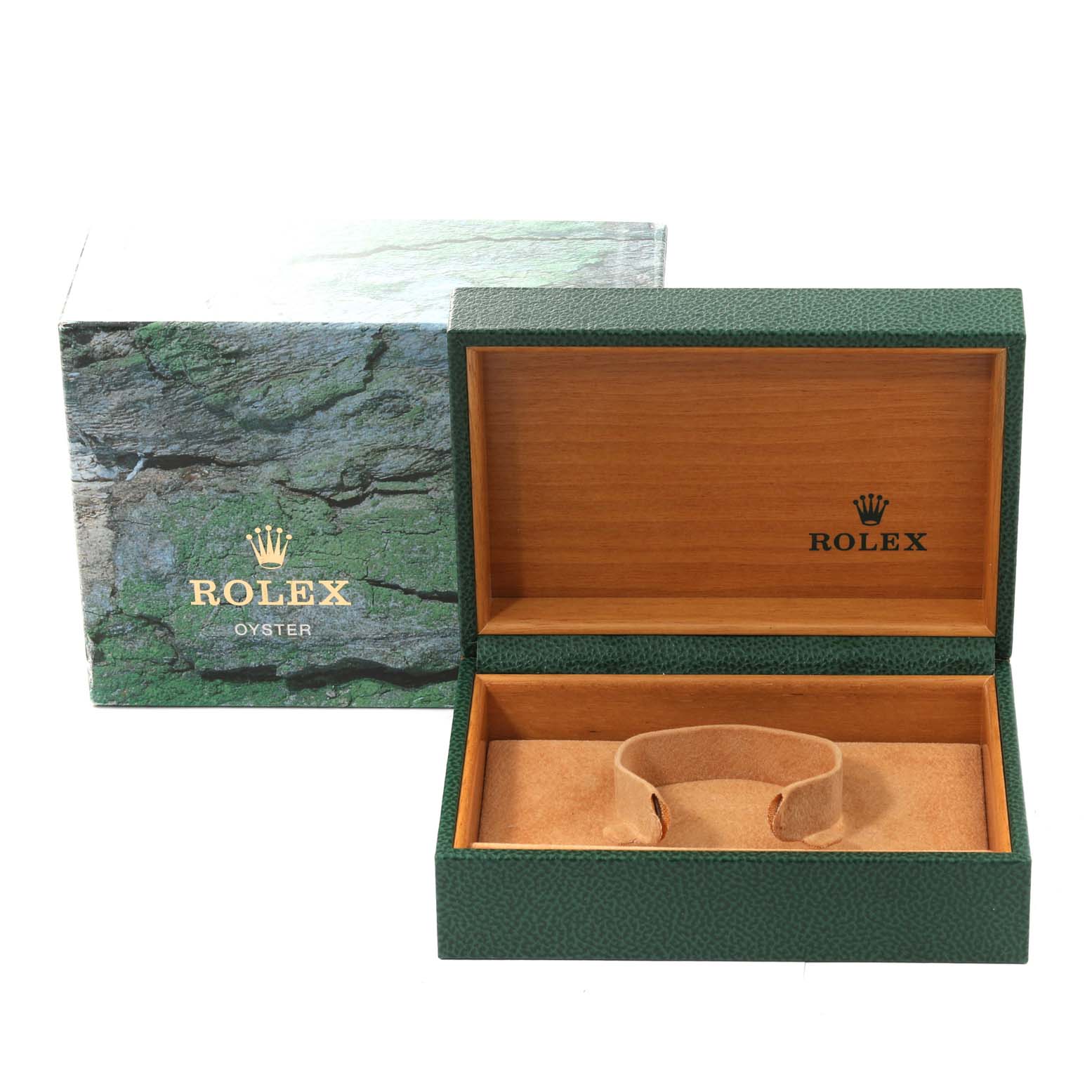 The image shows the open packaging box for a Rolex Air-King 14010M Men's Stainless Steel Black Dial 14010M Men's Stainless Steel Black Dial watch, featuring the outer box and the inner watch cushion.