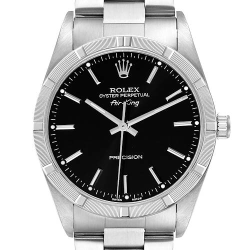 Photo of Rolex Air King Engine Turned Bezel Black Dial Steel Mens Watch 14010