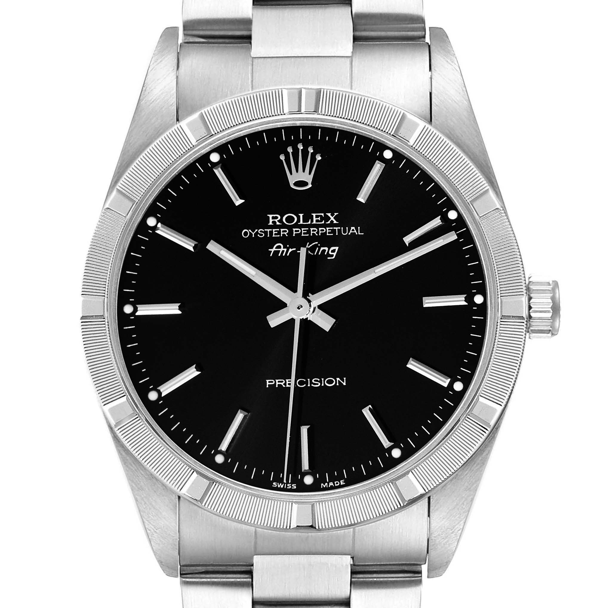 This image shows the face and upper part of the bracelet of the Rolex Air-King 14010M Men's Stainless Steel Black Dial 14010M Men's Stainless Steel Black Dial watch from a front angle.