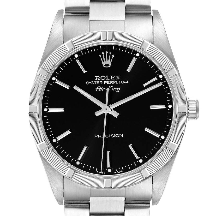 Rolex Air King Engine Turned Bezel Black Dial Steel Mens Watch 14010 SwissWatchExpo