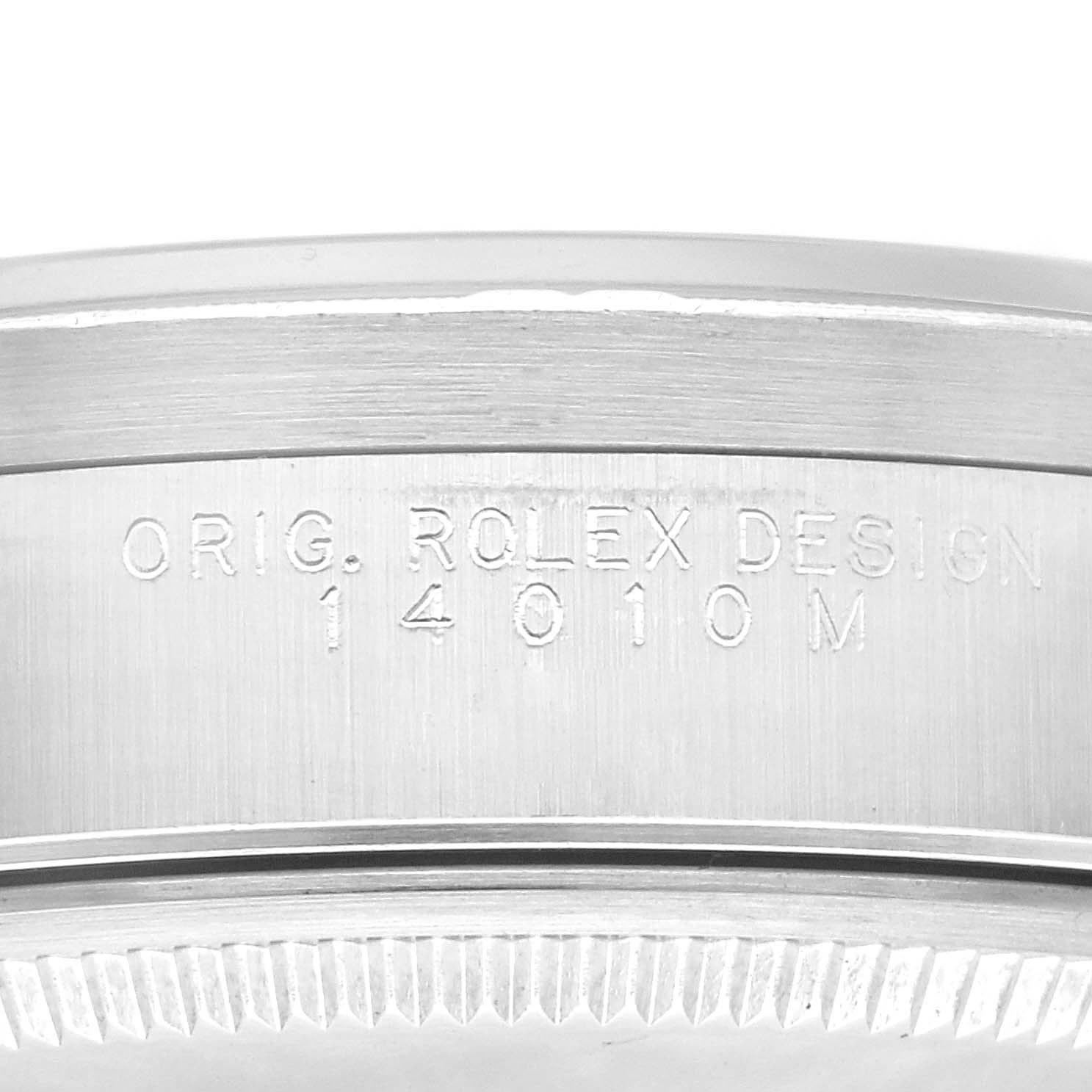 This image shows a close-up of the side case of a Rolex Air-King 14010M Men's Stainless Steel Black Dial 14010M Men's Stainless Steel Black Dial watch featuring an engraved model number 14010M.