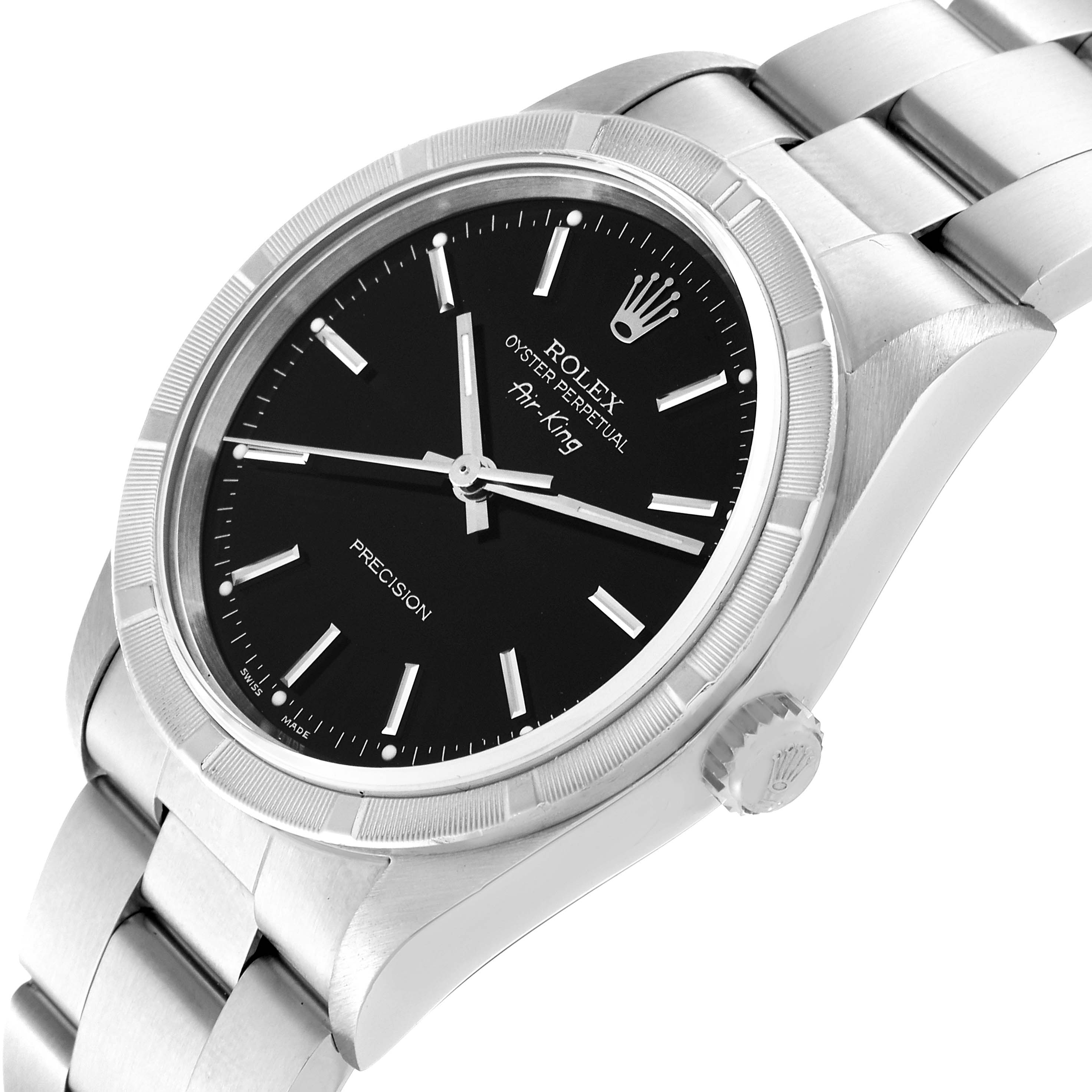 This image shows a close-up angled view of the face, bezel, and part of the bracelet of a Rolex Air-King 14010M Men's Stainless Steel Black Dial 14010M Men's Stainless Steel Black Dial watch.