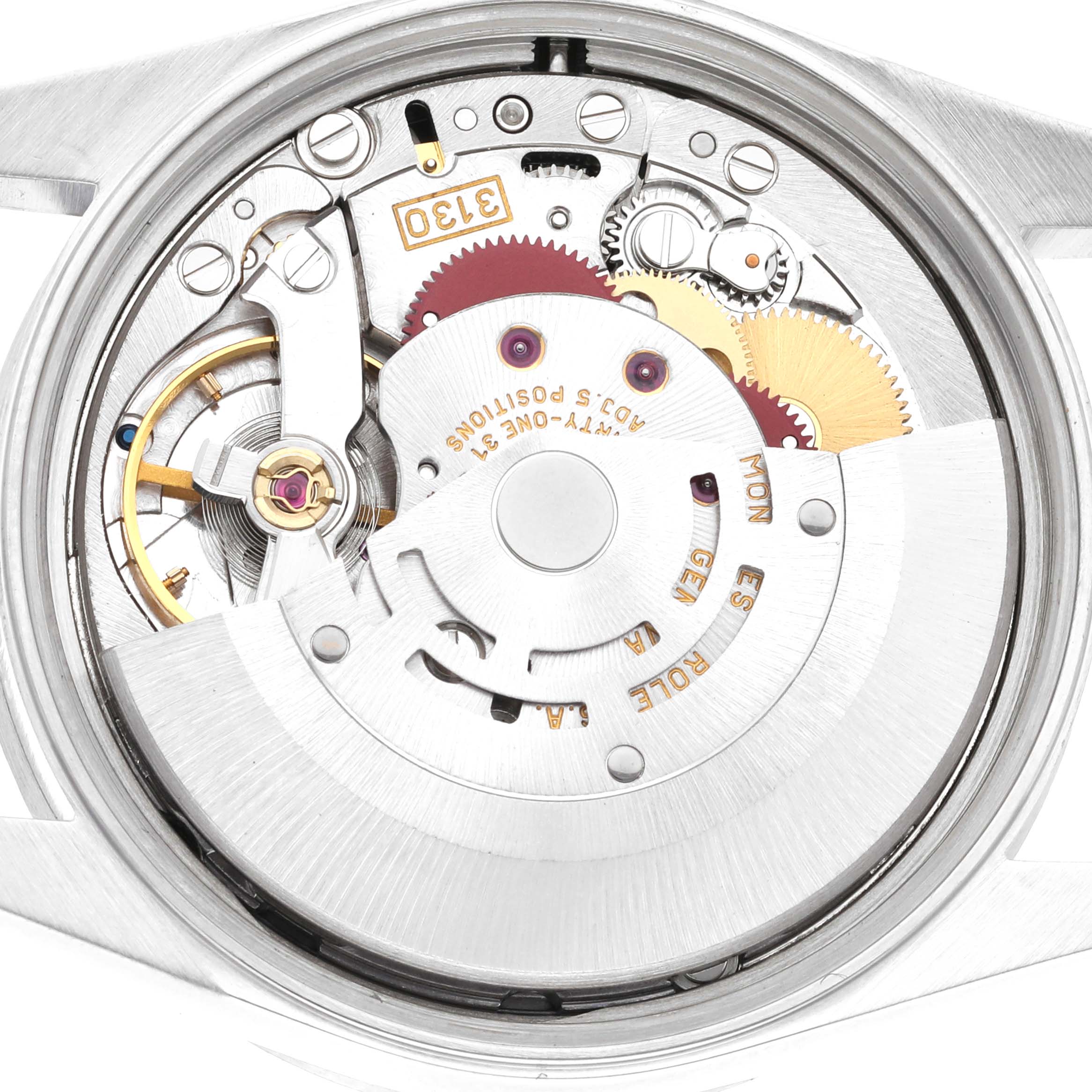 The image shows a close-up view of the movement mechanism of a Rolex Air-King 14010M Men's Stainless Steel Black Dial 14010M Men's Stainless Steel Black Dial watch.