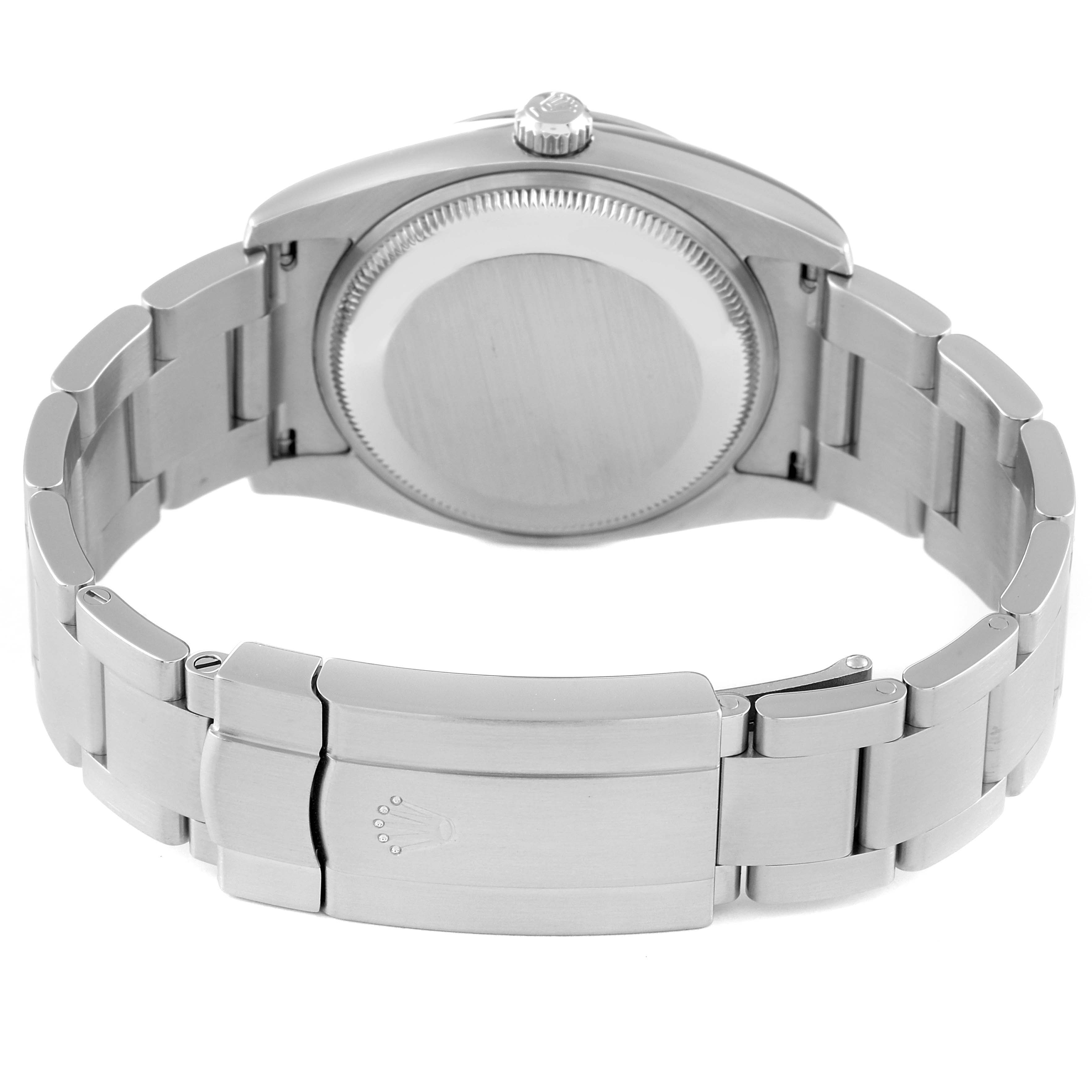This image shows the back case and bracelet clasp of the Rolex Air-King 114200 Men's Stainless Steel Silver Dial 114200 Men's Stainless Steel Silver Dial watch from a rear angle.