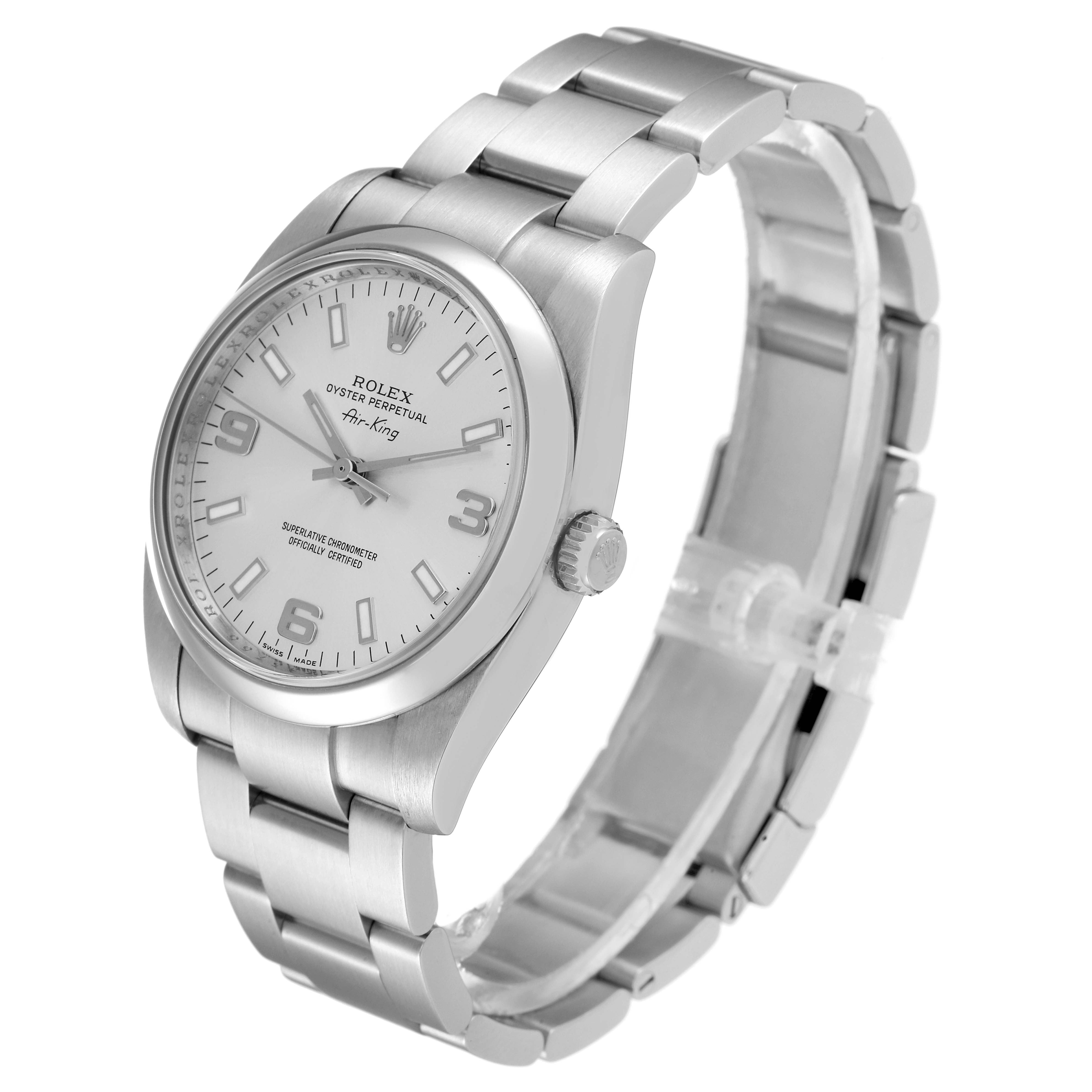 The image shows a Rolex Air-King 114200 Men's Stainless Steel Silver Dial 114200 Men's Stainless Steel Silver Dial watch angled slightly from the front, highlighting its stainless steel bracelet and dial.