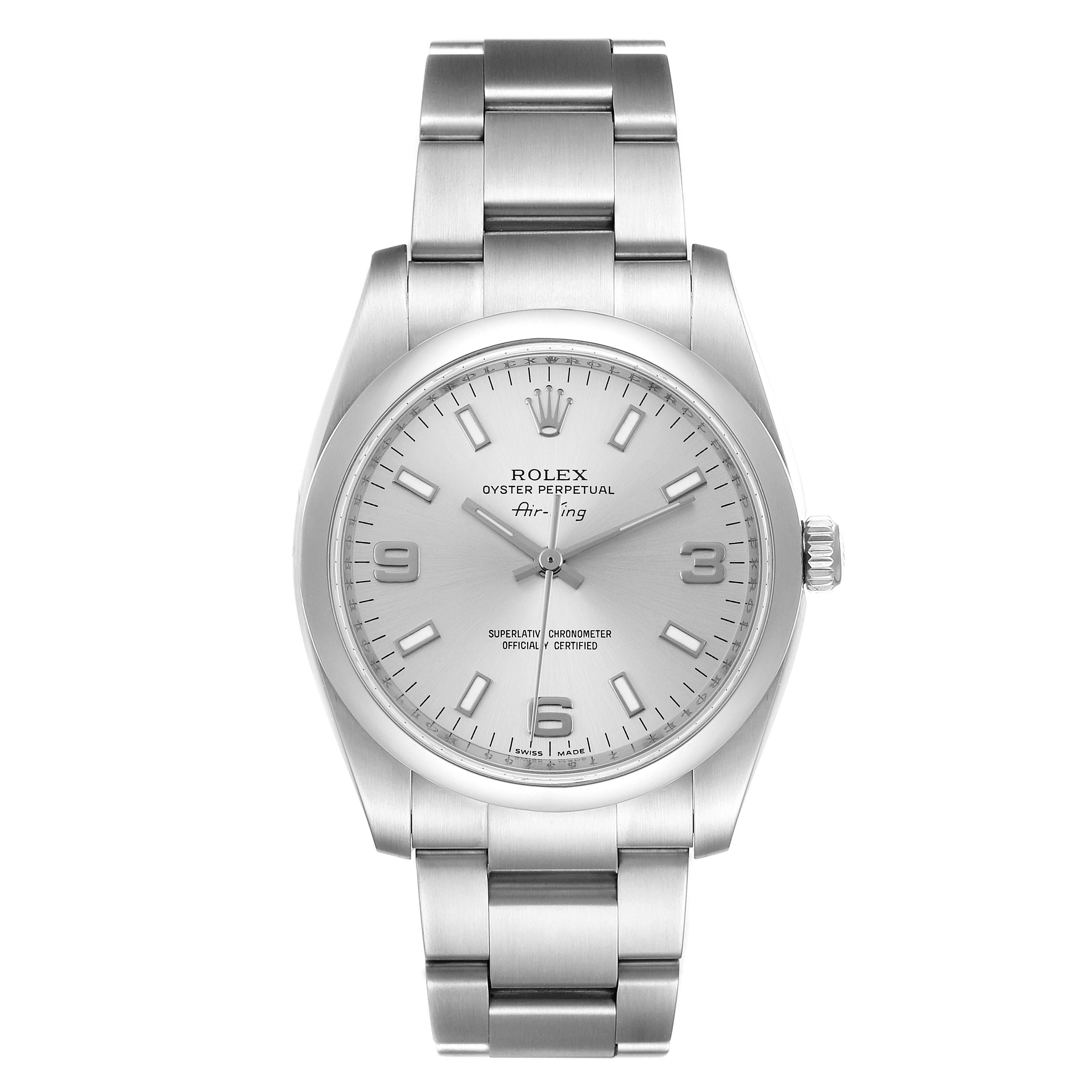The Rolex Air-King 114200 Men's Stainless Steel Silver Dial 114200 Men's Stainless Steel Silver Dial watch is shown from the front, displaying the face, bezel, and bracelet.