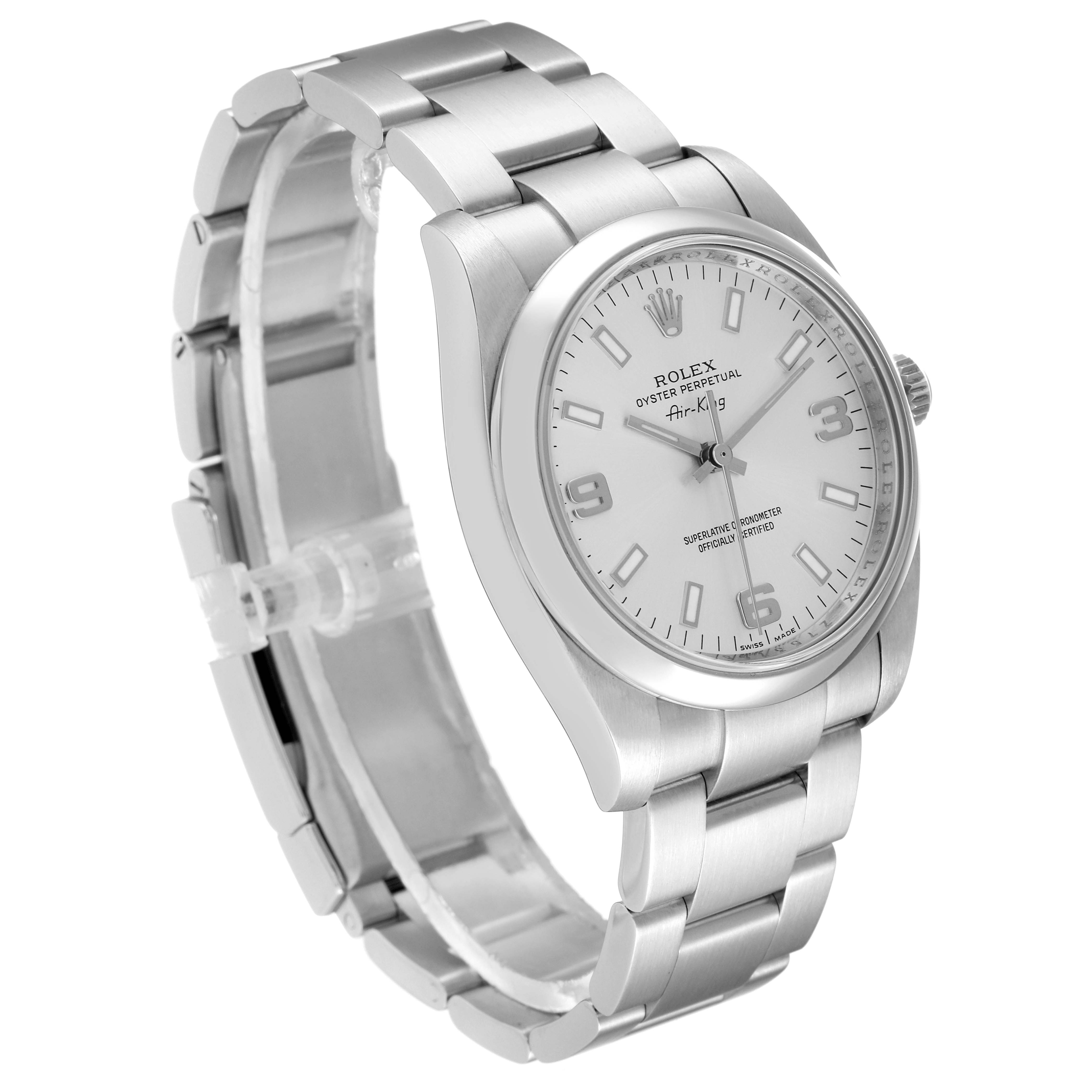 The image shows a Rolex Air-King 114200 Men's Stainless Steel Silver Dial 114200 Men's Stainless Steel Silver Dial watch at an angled side view, highlighting the stainless steel case, dial, and bracelet.