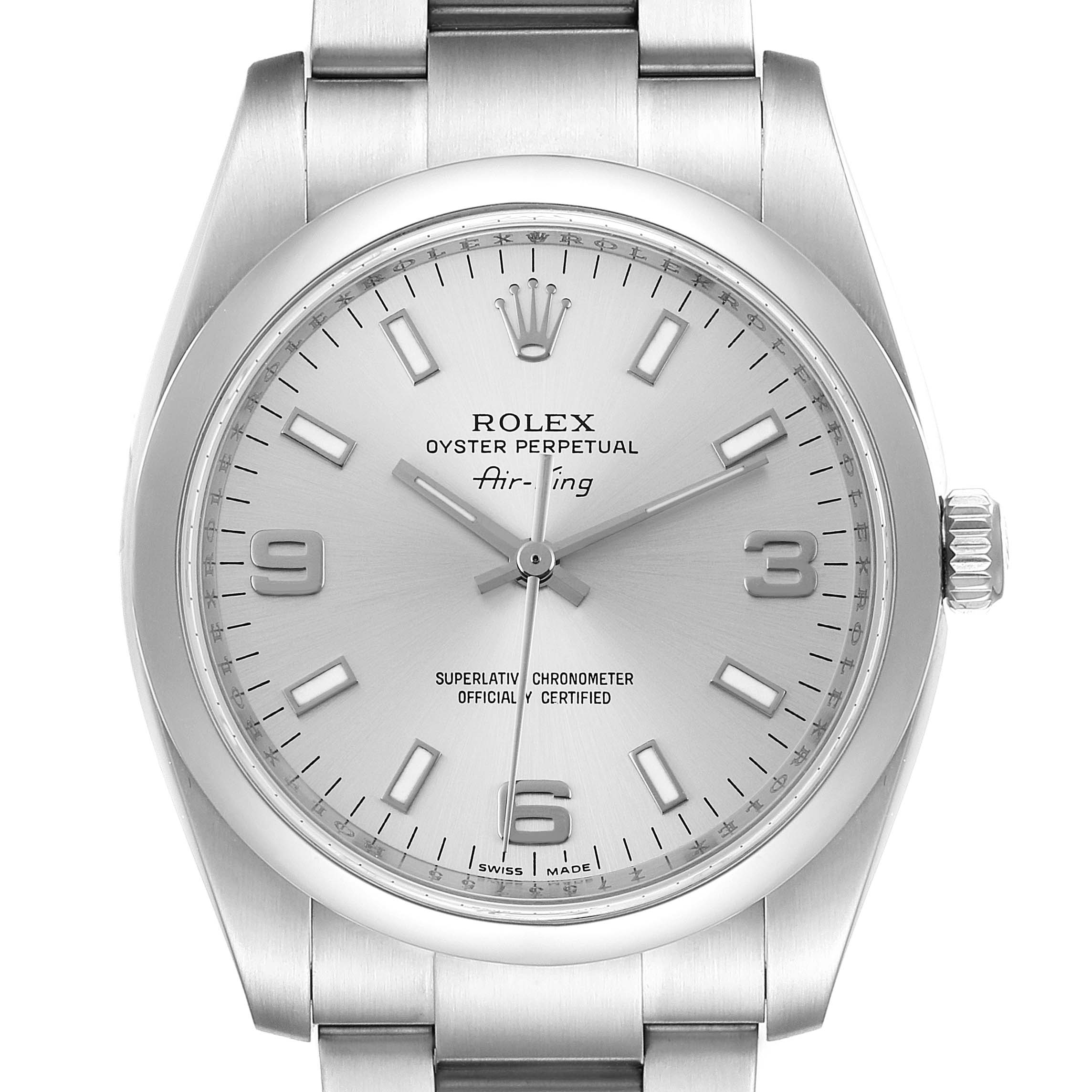 The image shows a front view of a Rolex Air-King 114200 Men's Stainless Steel Silver Dial 114200 Men's Stainless Steel Silver Dial watch, highlighting its face, bezel, and bracelet.