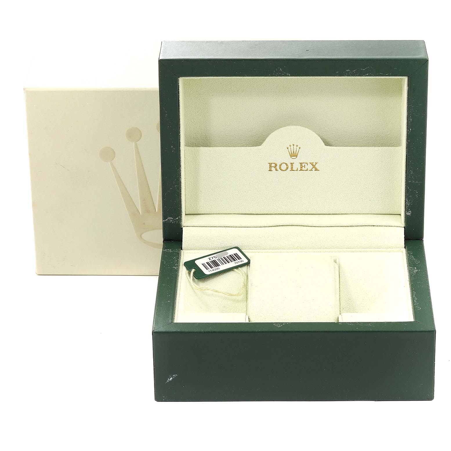 The image shows the open green and beige box of a Rolex Air-King 114200 Men's Stainless Steel Silver Dial 114200 Men's Stainless Steel Silver Dial watch, viewed from the front.