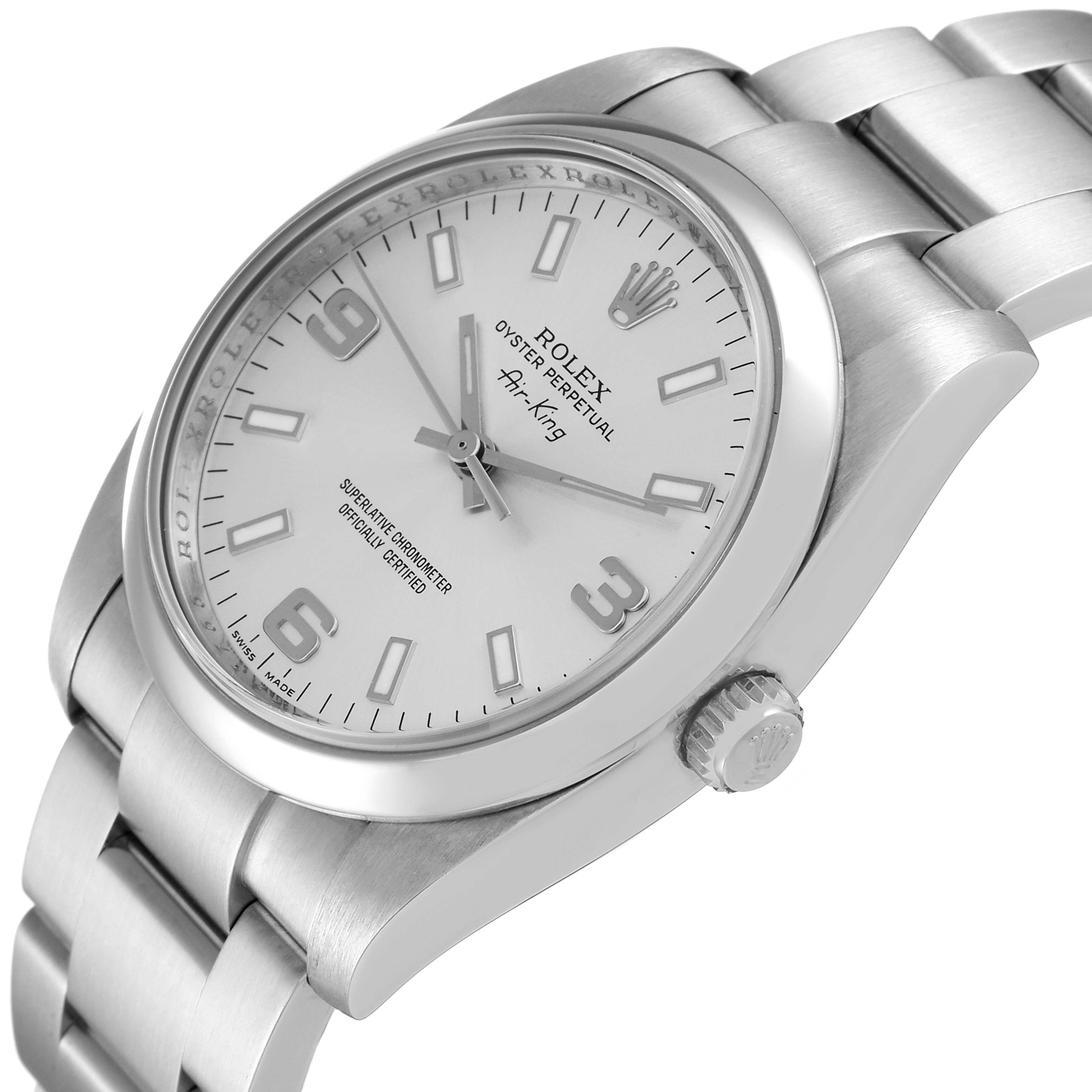 The image shows a tilted angle of the Rolex Air-King 114200 Men's Stainless Steel Silver Dial 114200 Men's Stainless Steel Silver Dial watch, highlighting the face, crown, and bracelet.