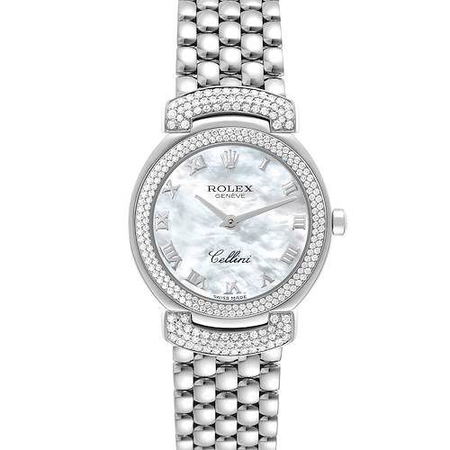 The Rolex Cellini 6673 Women's White Gold Mother of Pearl Dial watch is shown from a top view, highlighting its round dial, Roman numerals, diamond bezel, and metal bracelet.