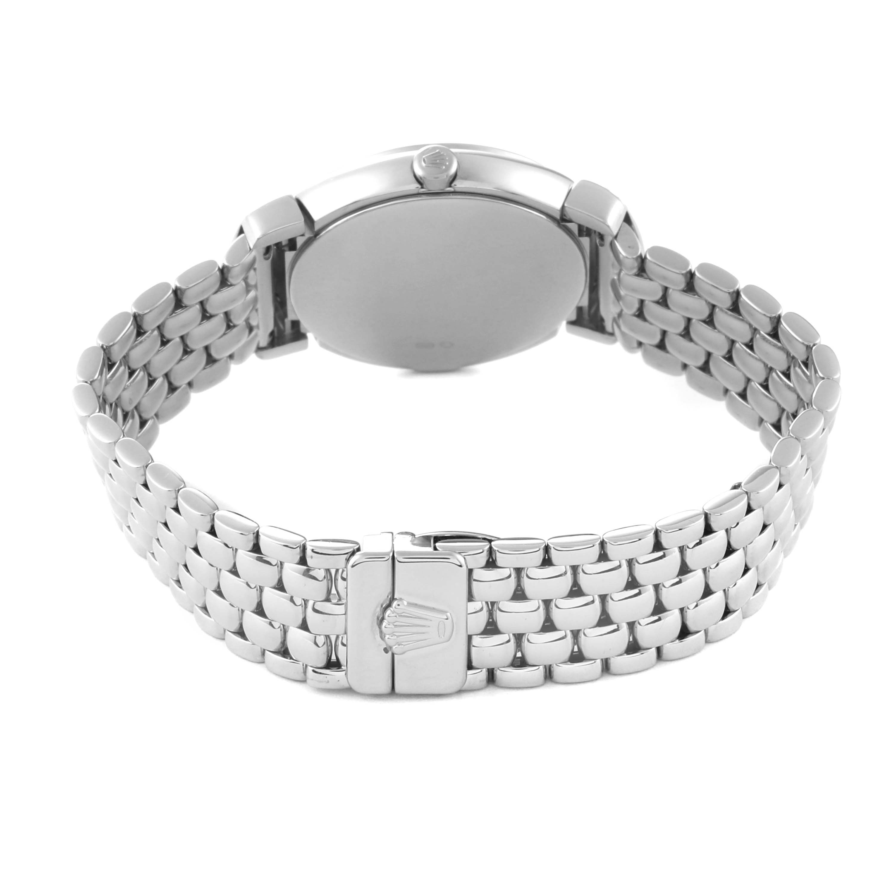The image shows the back and clasp of a Rolex Cellini 6673 Women's White Gold Mother of Pearl Dial watch, highlighting its bracelet and case back.