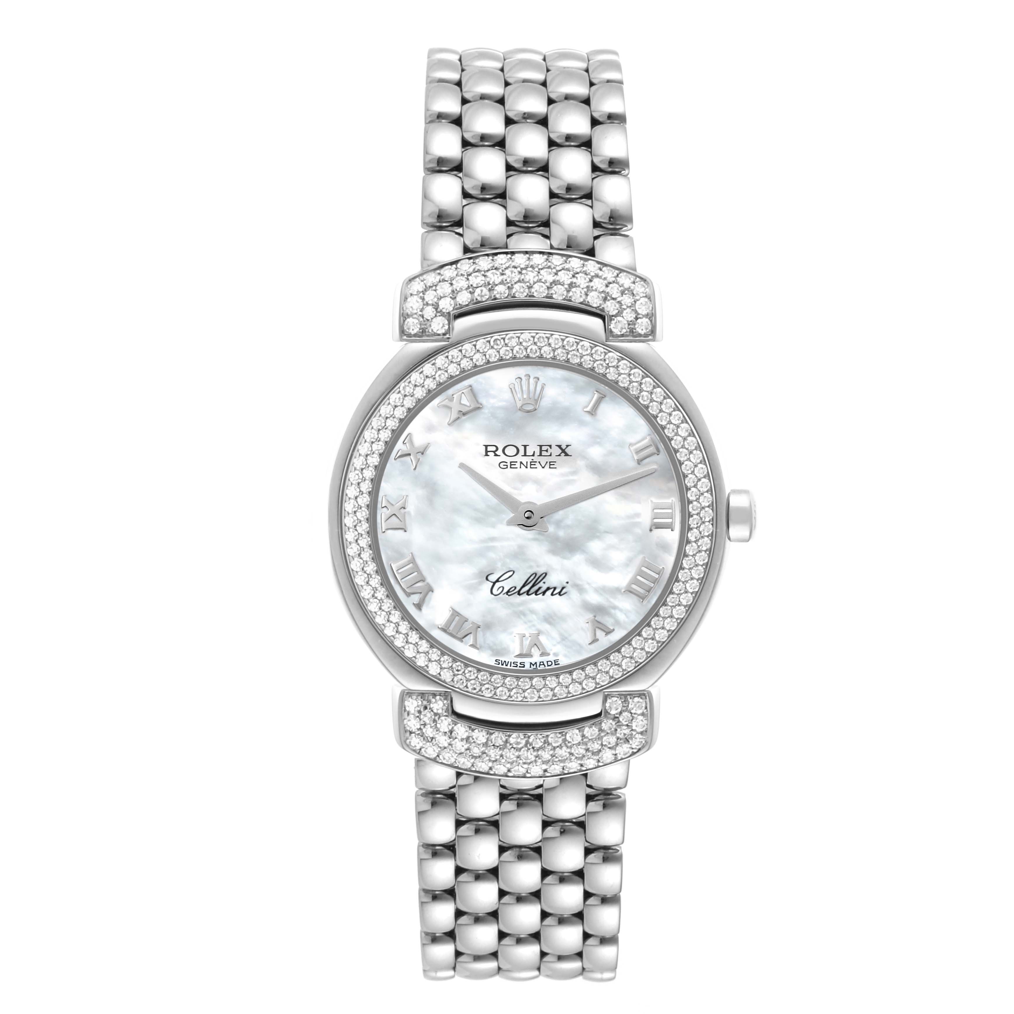 The Rolex Cellini 6673 Women's White Gold Mother of Pearl Dial watch is shown from a top-down angle, highlighting its face, bezel, and bracelet.