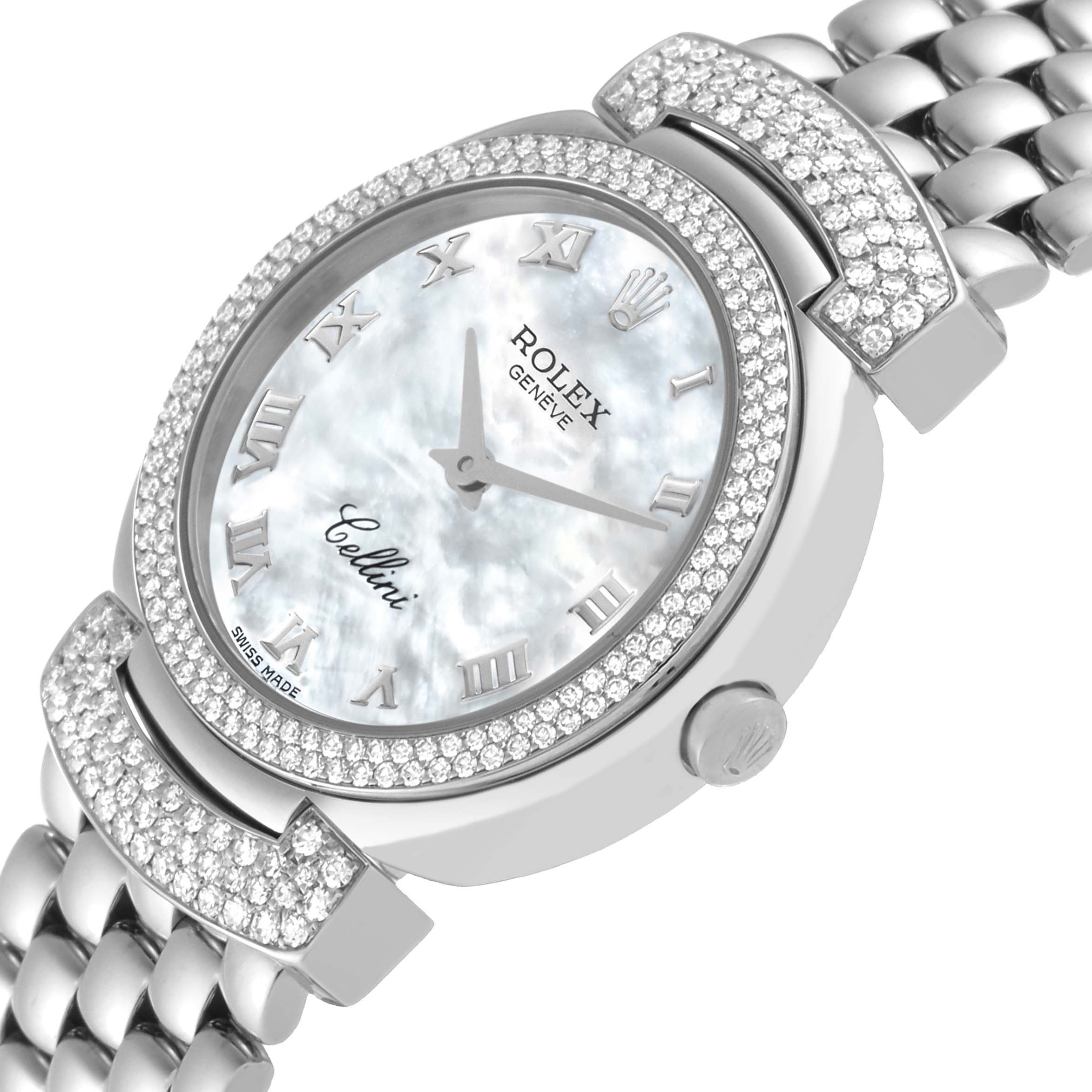 The Rolex Cellini 6673 Women's White Gold Mother of Pearl Dial watch is shown at an angled top view, highlighting the diamond-studded bezel and bracelet.