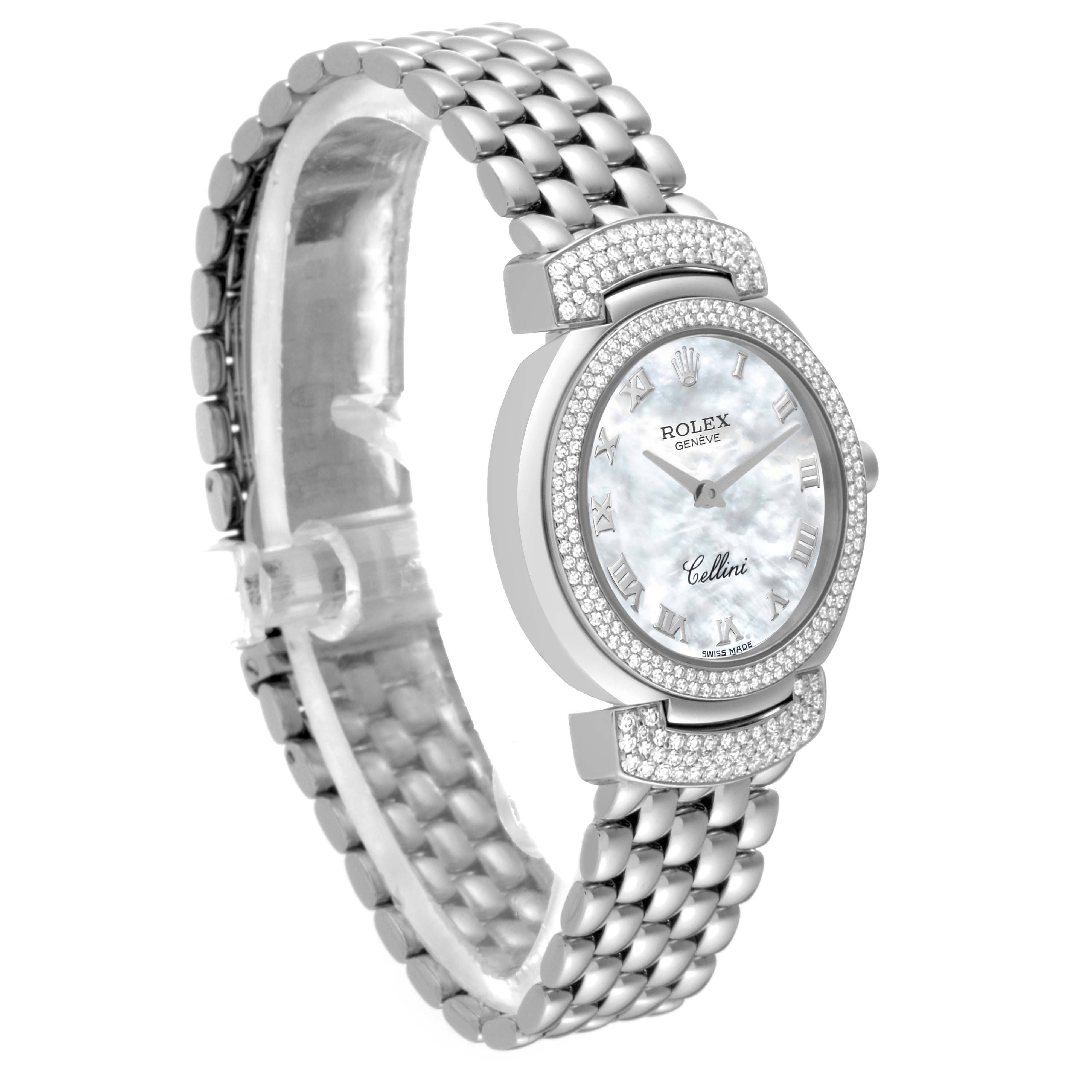 The Rolex Cellini 6673 Women's White Gold Mother of Pearl Dial watch is shown at a three-quarter angle, highlighting the bracelet, bezel, and dial details.
