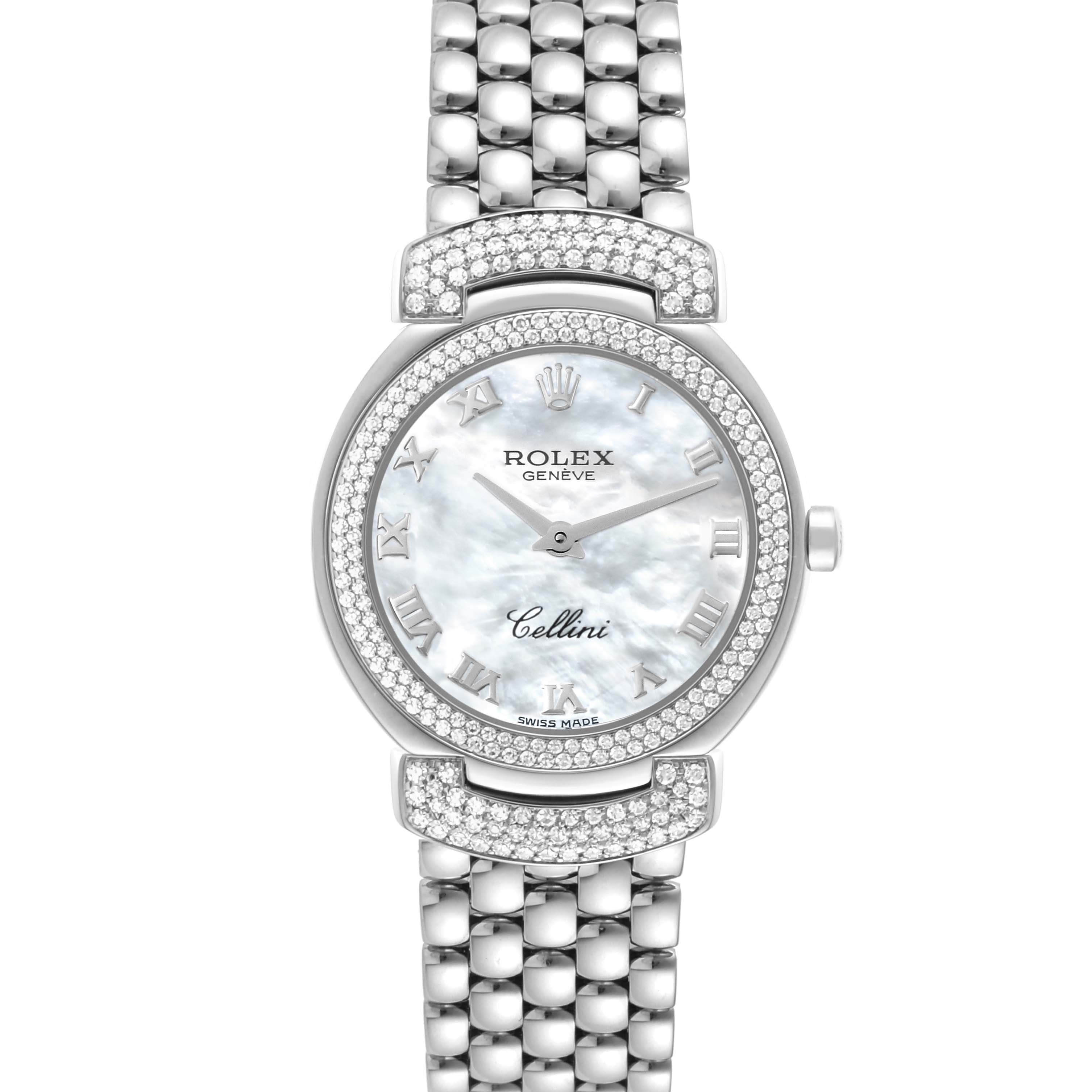 The Rolex Cellini 6673 Women's White Gold Mother of Pearl Dial watch is shown from a top-down angle, featuring its face, bezel, and part of the bracelet with a jeweled design.