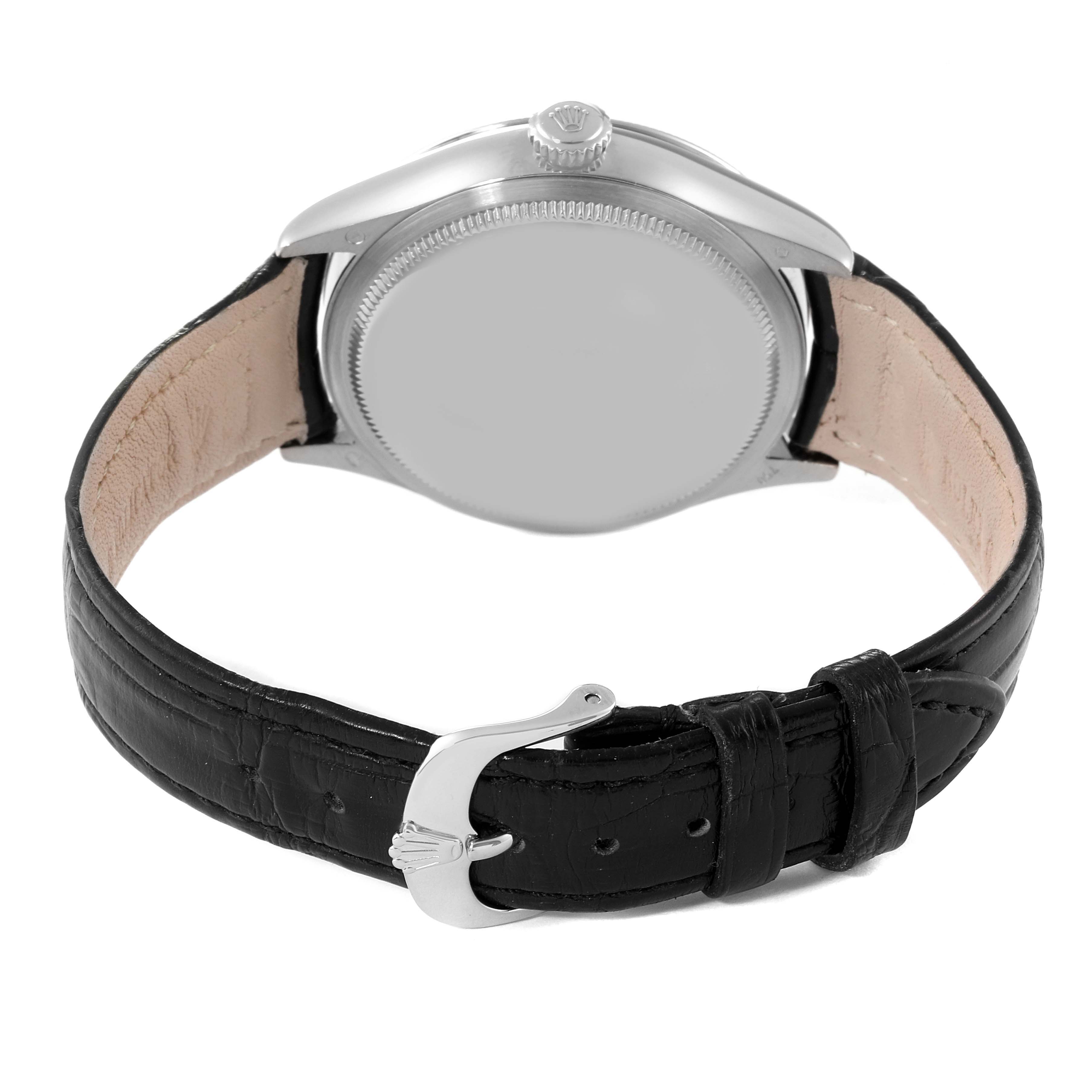 The image shows the back view of a Rolex Cellini 50529 Men's White Gold Black Dial 50529 Men's White Gold Black Dial watch, focusing on the case back and black leather strap with a buckle.