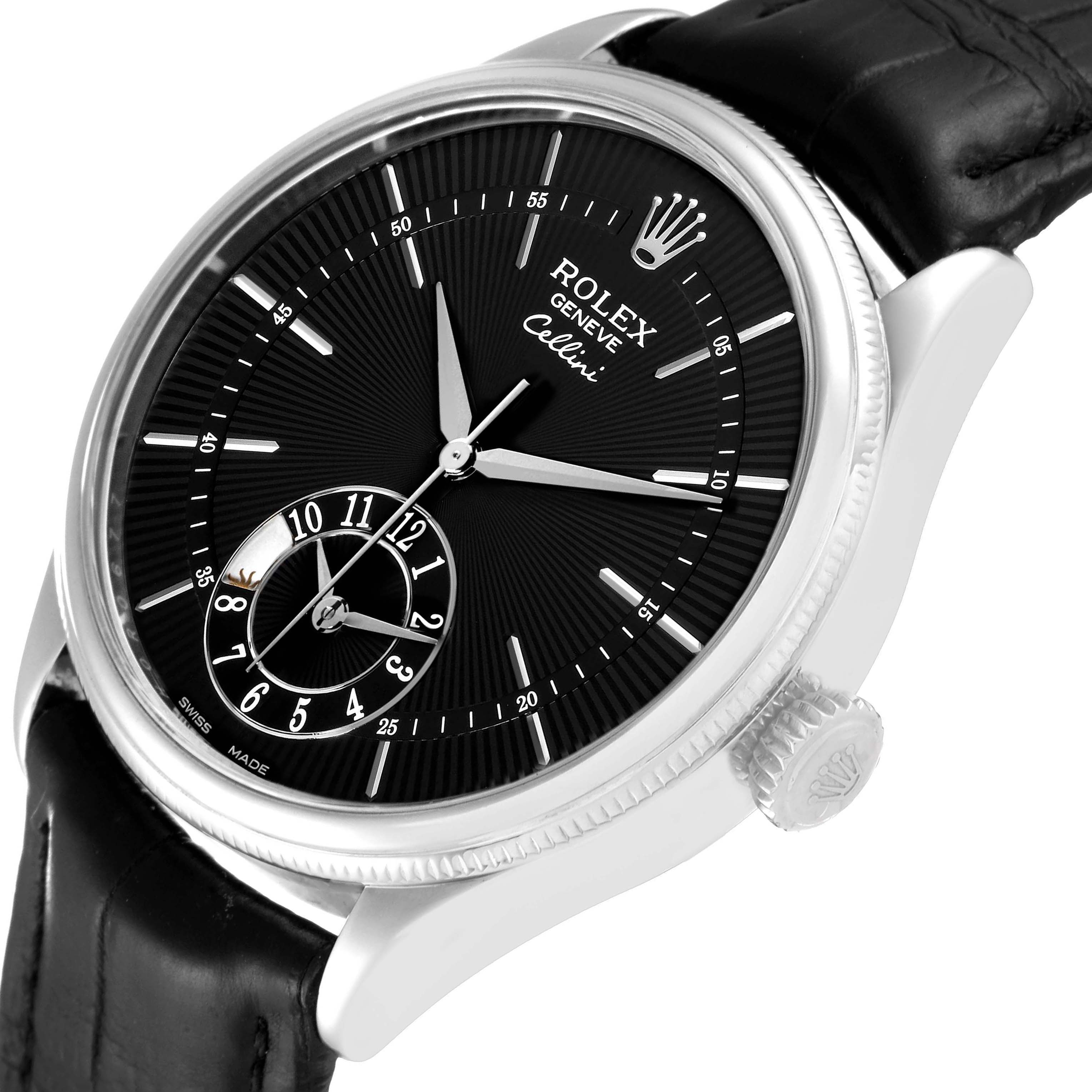 The image shows a Rolex Cellini 50529 Men's White Gold Black Dial 50529 Men's White Gold Black Dial watch from an angled side view, highlighting the dial, crown, and leather strap.