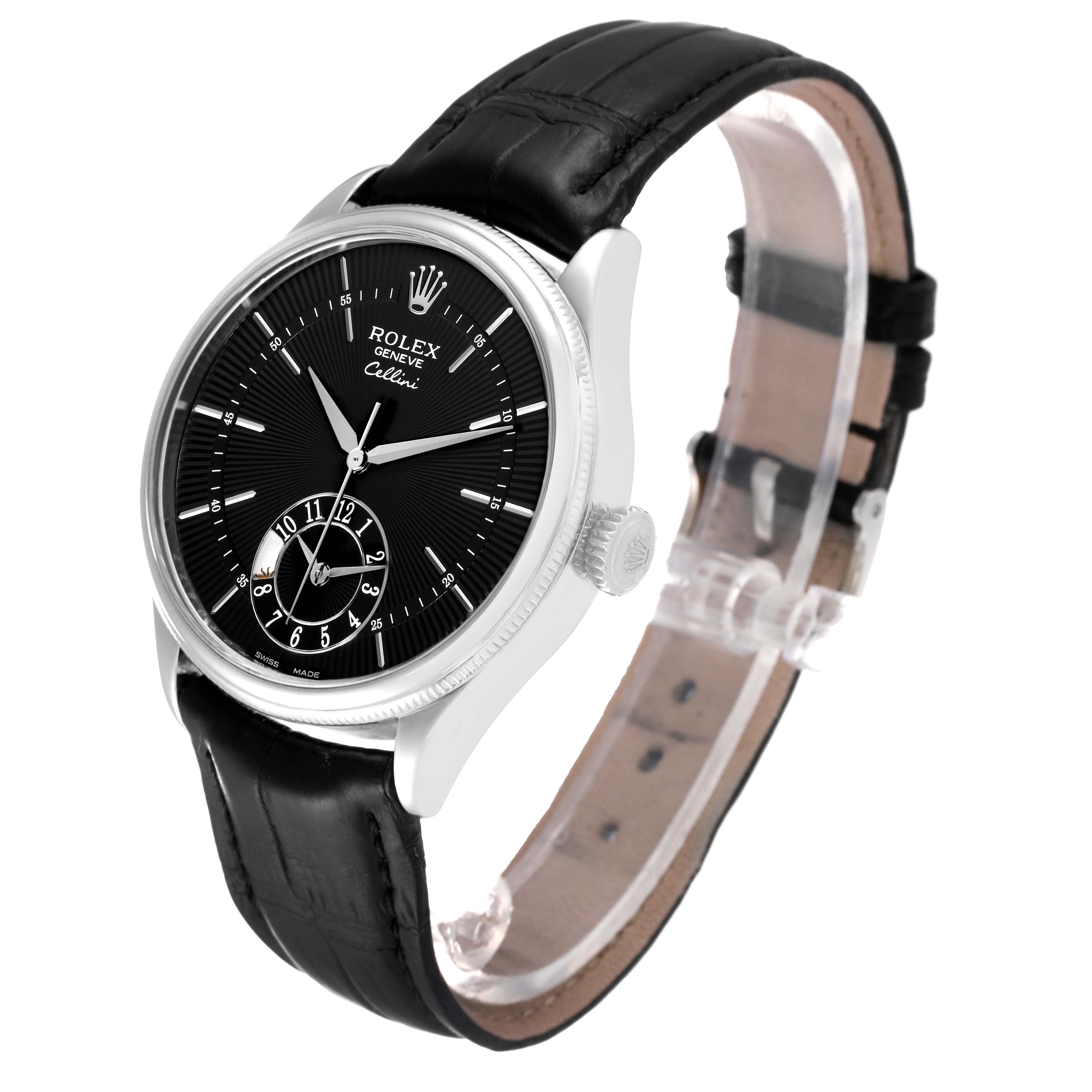 The image shows a Rolex Cellini 50529 Men's White Gold Black Dial 50529 Men's White Gold Black Dial watch angled from the front-left, highlighting the dial, case, and leather strap.