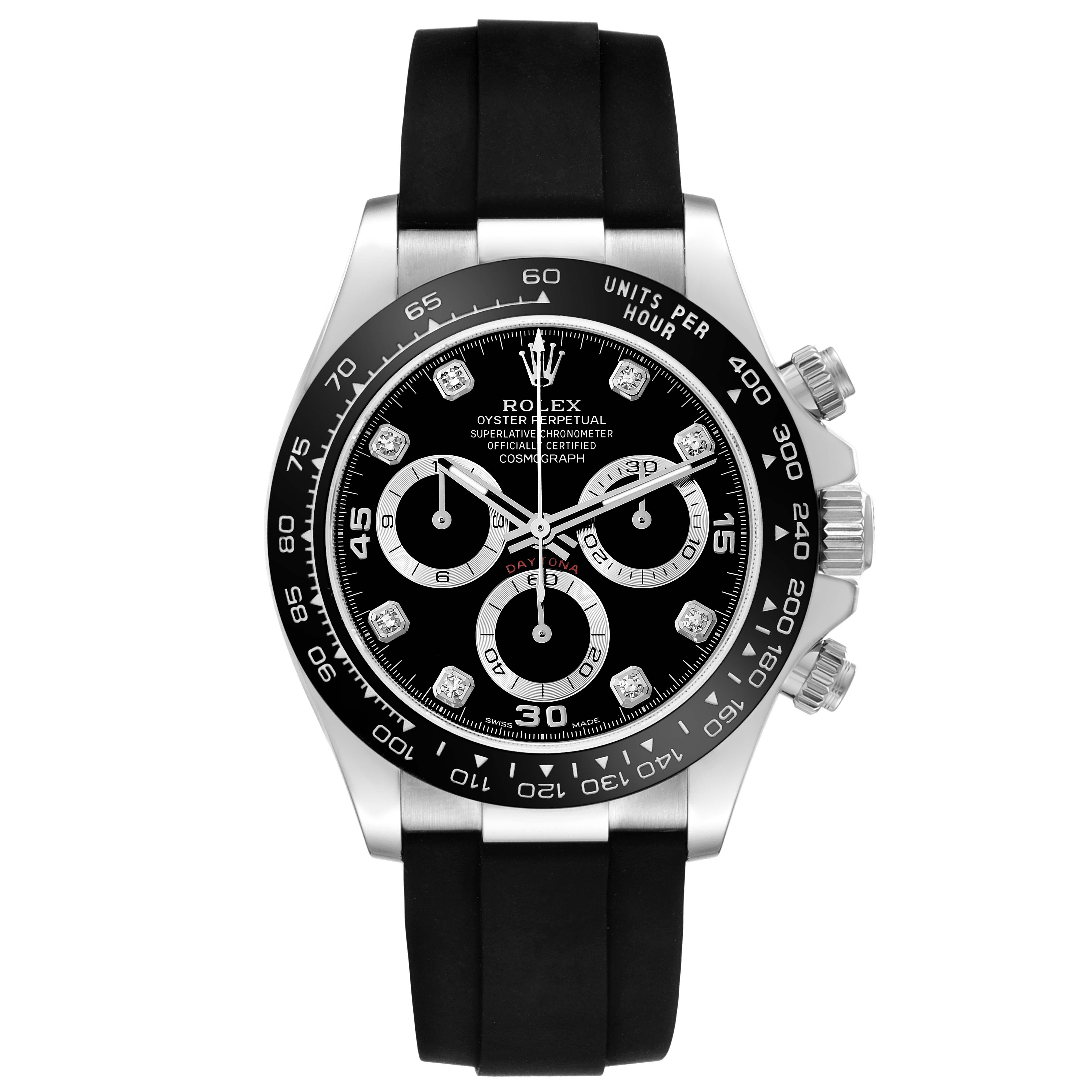 The Rolex Daytona 116519 Men's White Gold Black Dial 116519 Men's White Gold Black Dial watch is shown from a front angle, highlighting its black dial, three subdials, and black rubber strap.