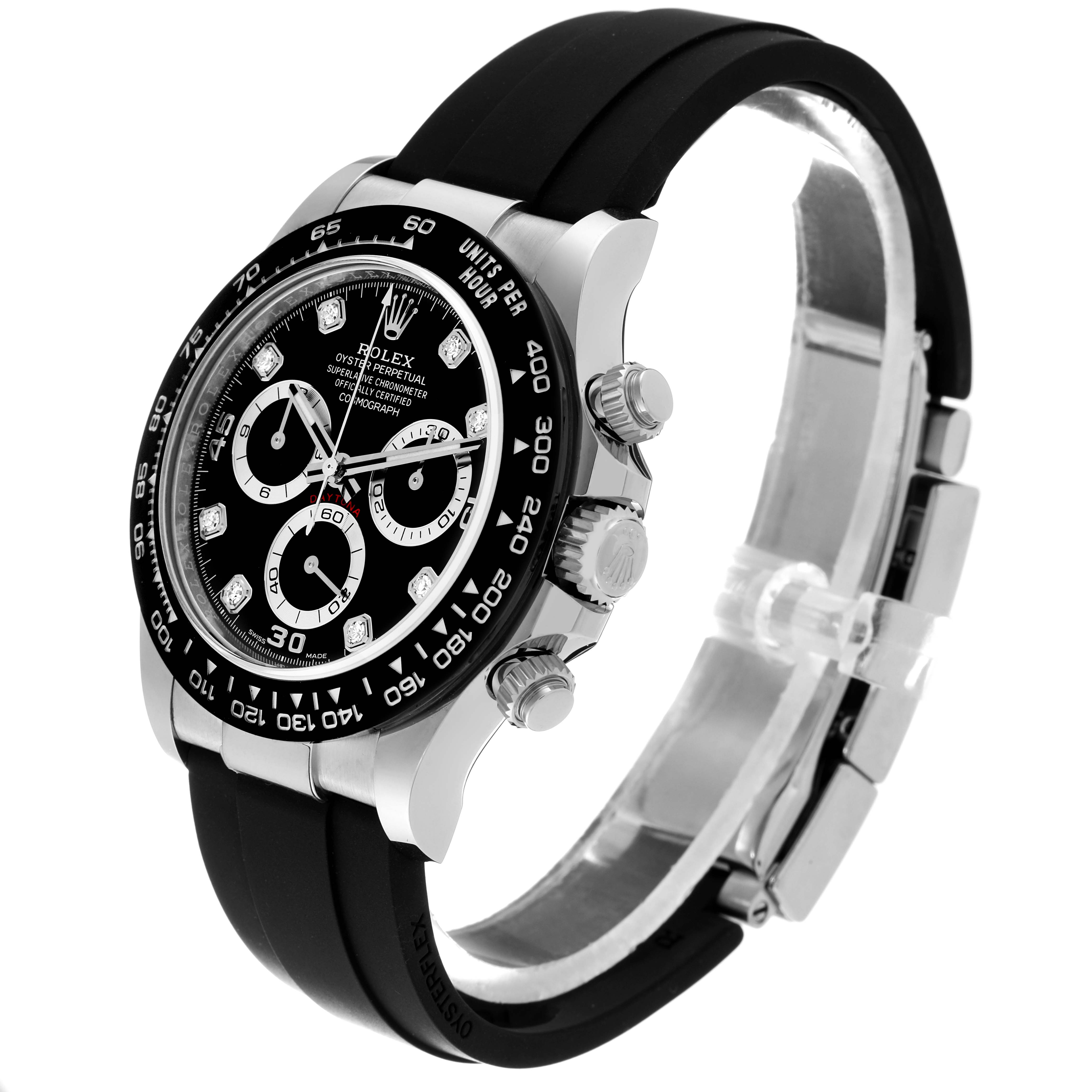 The image shows a side angle of the Rolex Daytona 116519 Men's White Gold Black Dial 116519 Men's White Gold Black Dial watch, highlighting the dial, bezel, crown, pushers, and strap.