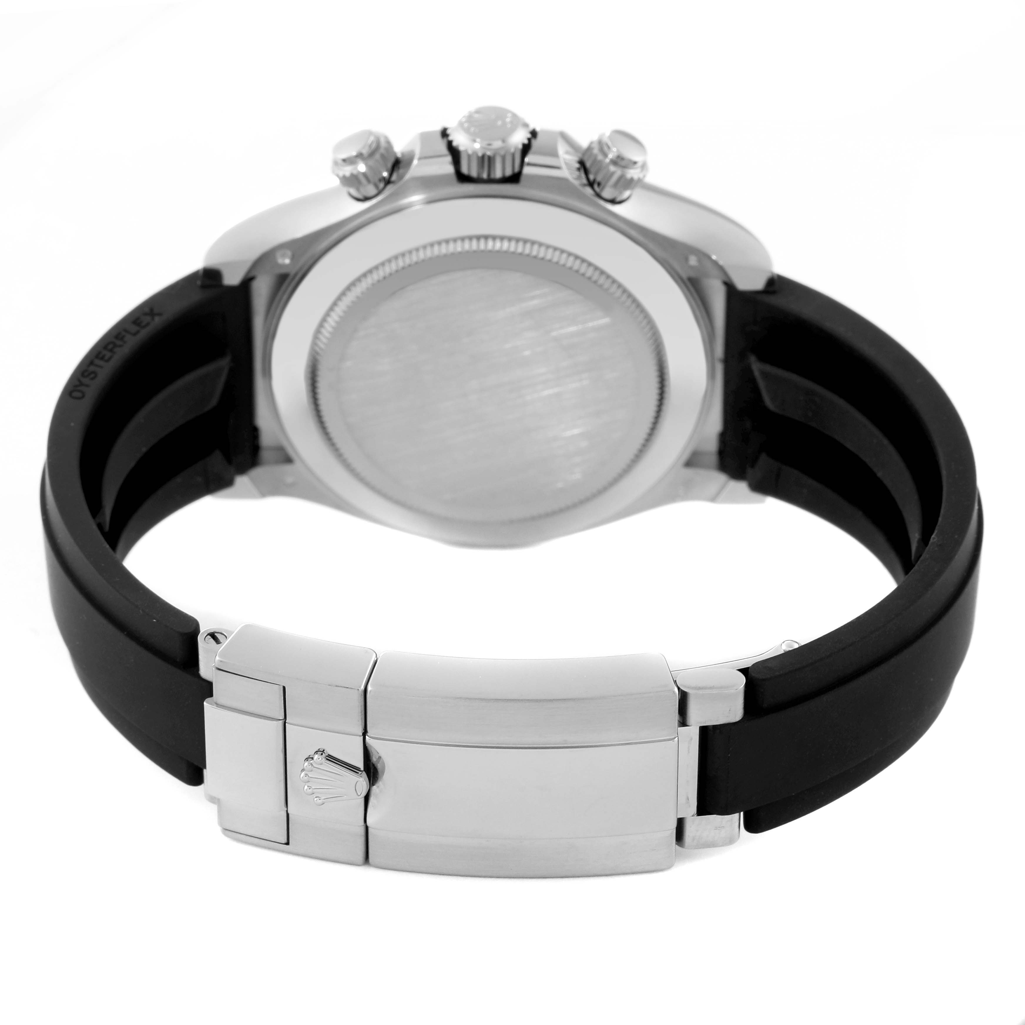 This is a rear view of the Rolex Daytona 116519 Men's White Gold Black Dial 116519 Men's White Gold Black Dial model watch showcasing its clasp, case back, and black Oysterflex band.