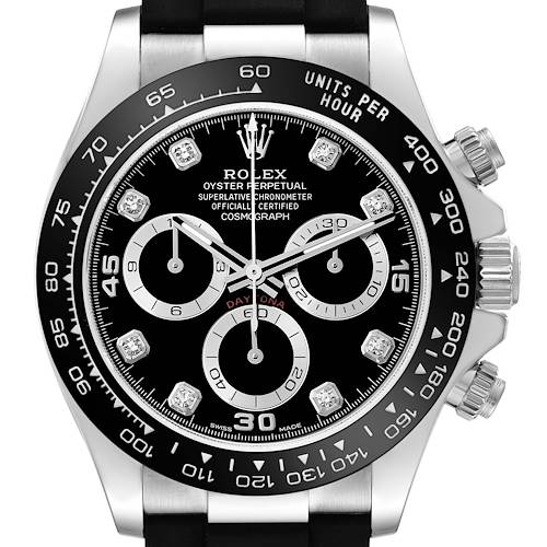 This image shows a frontal view of a Rolex Daytona, displaying its face, bezel, pushers, and black strap.