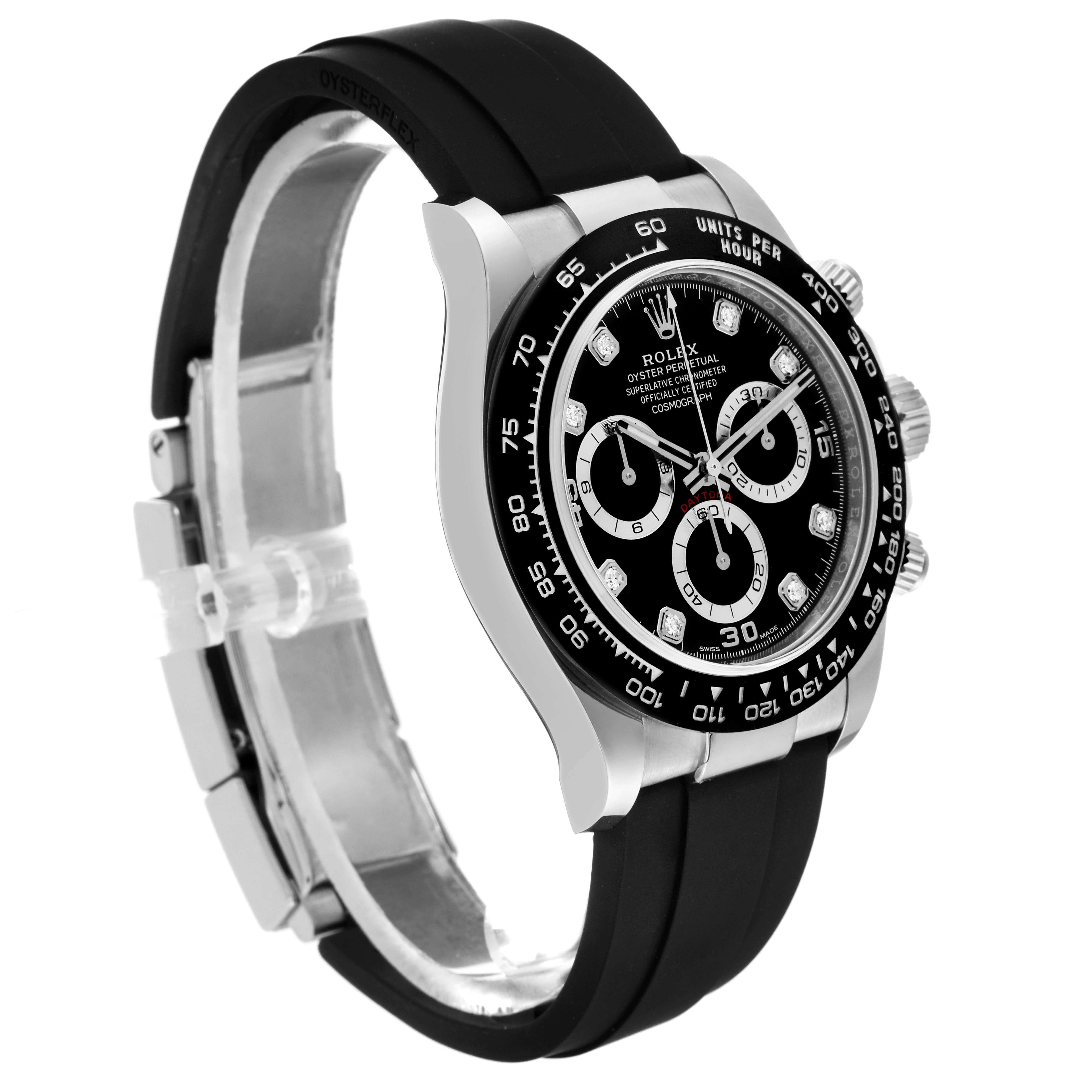 The image shows a side angle view of a Rolex Daytona 116519 Men's White Gold Black Dial 116519 Men's White Gold Black Dial watch, featuring a black dial, three sub-dials, and a black rubber strap.