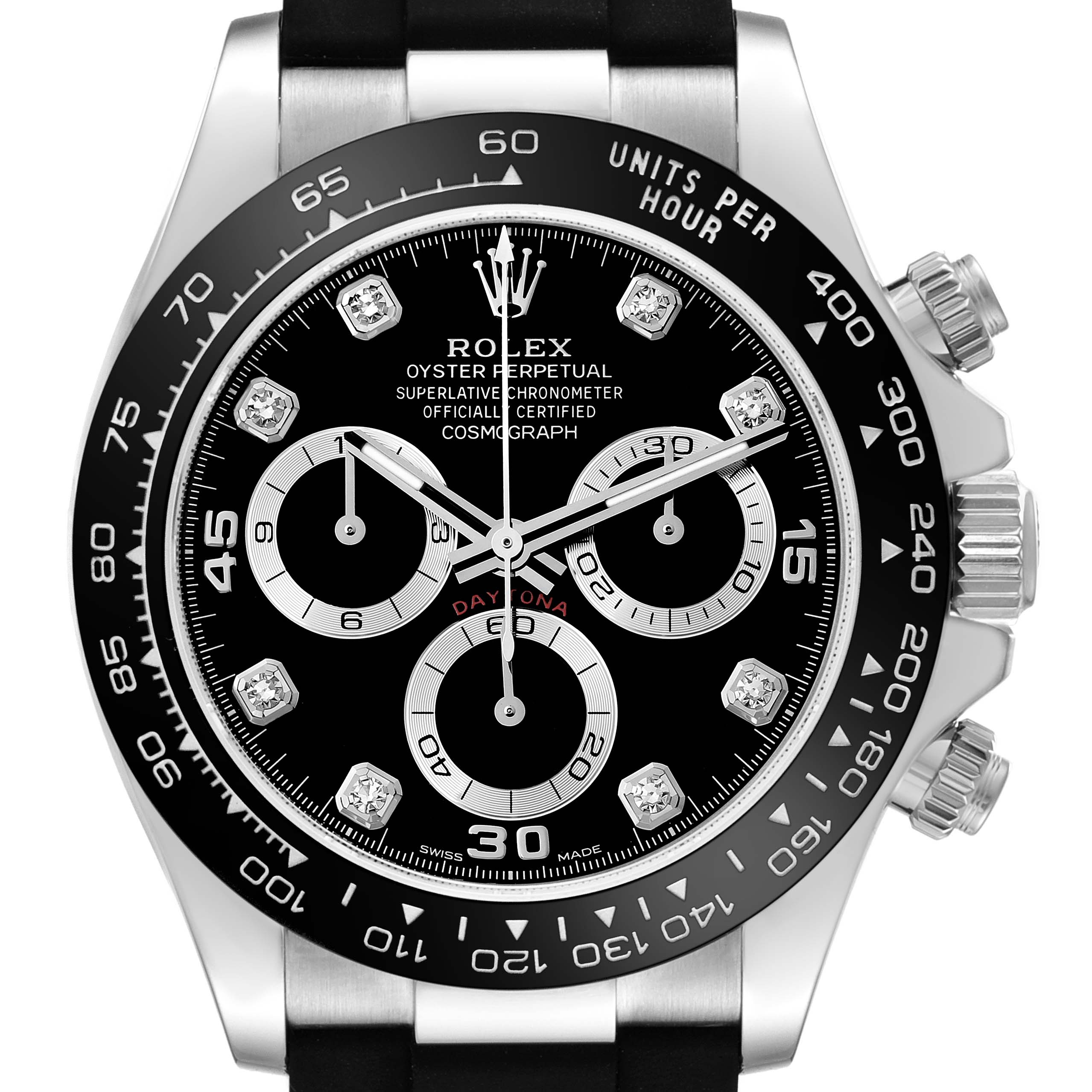 The image shows a front view of the Rolex Daytona 116519 Men's White Gold Black Dial 116519 Men's White Gold Black Dial watch, highlighting the dial, bezel, and chronograph subdials.