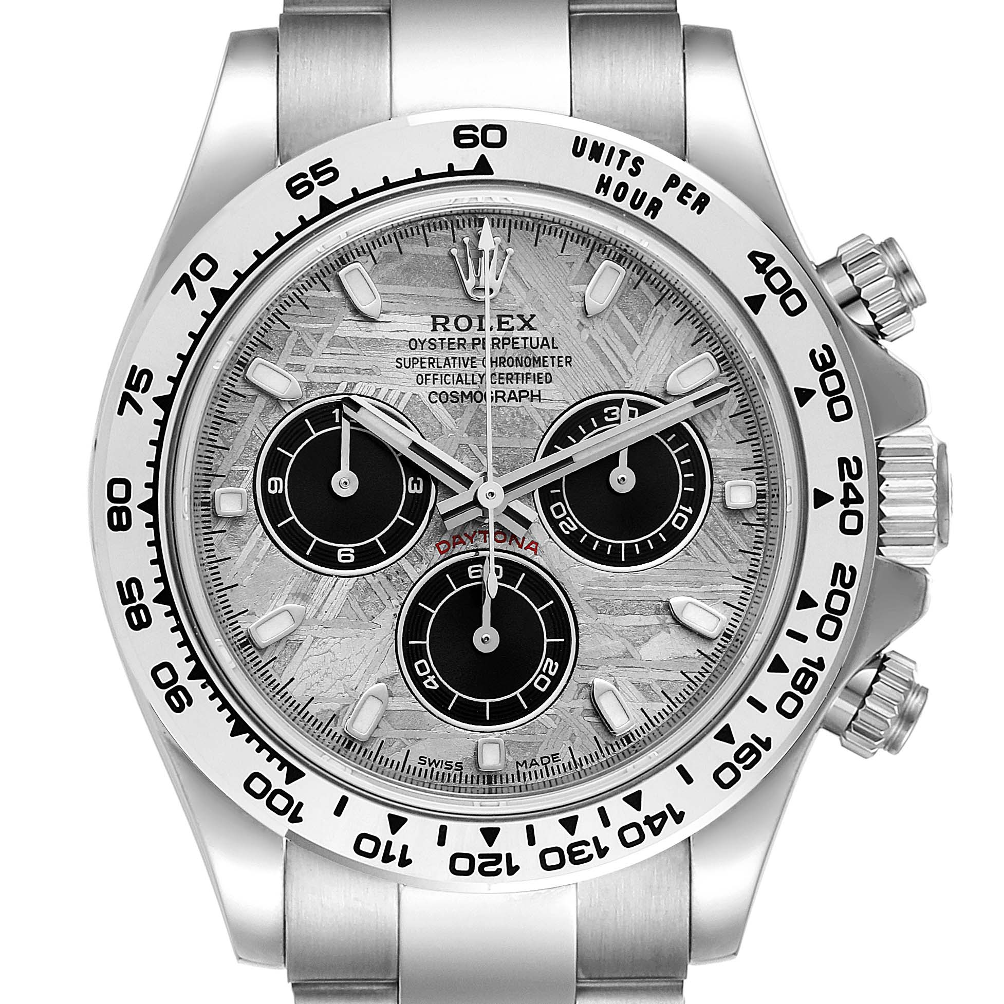 This image shows a front view of a Rolex Daytona 116509 Men's White Gold Silver Dial 116509 Men's White Gold Silver Dial watch, highlighting its face, subdials, bezel, and crown.