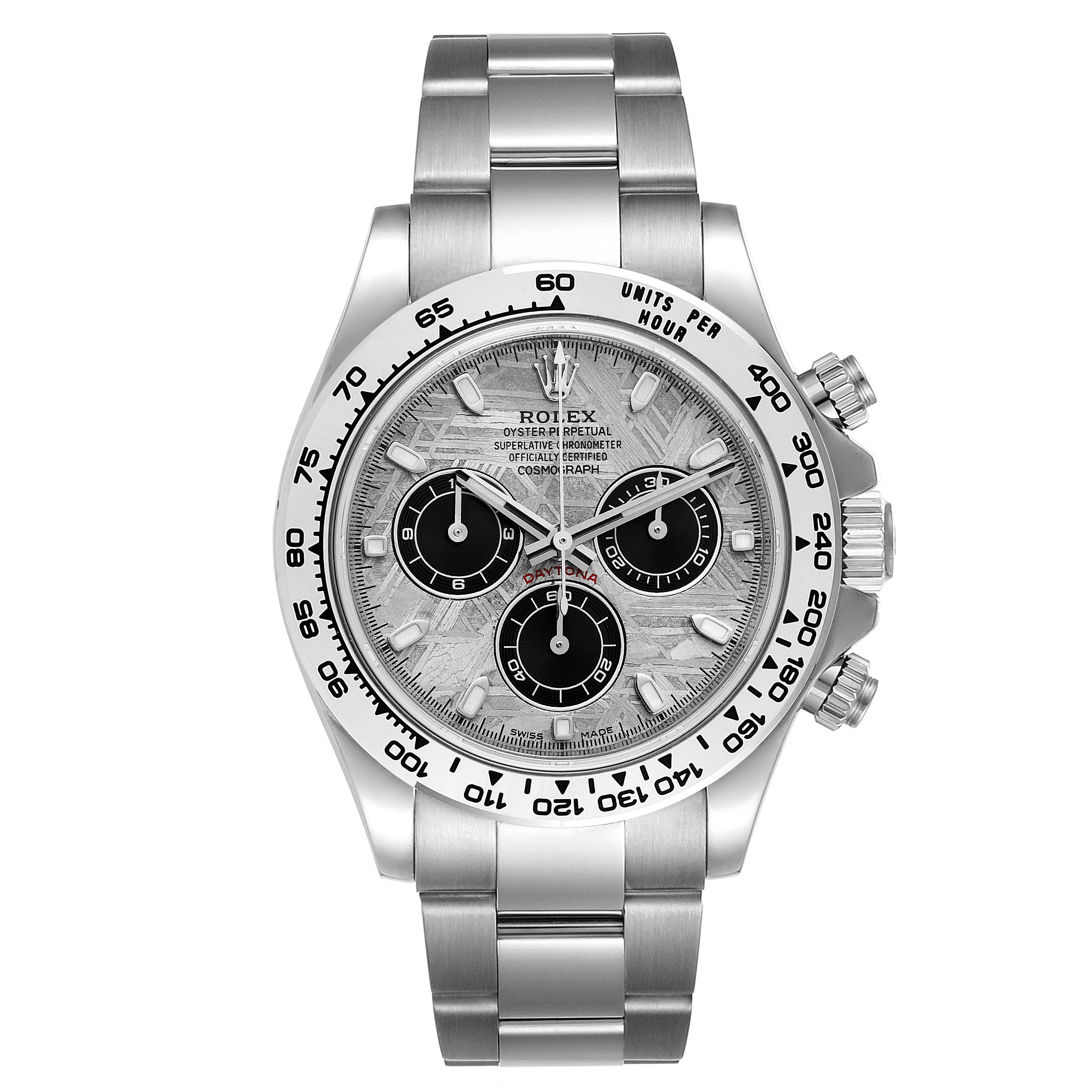The image shows a front view of a Rolex Daytona 116509 Men's White Gold Silver Dial 116509 Men's White Gold Silver Dial watch, featuring its dial, bezel, and bracelet.