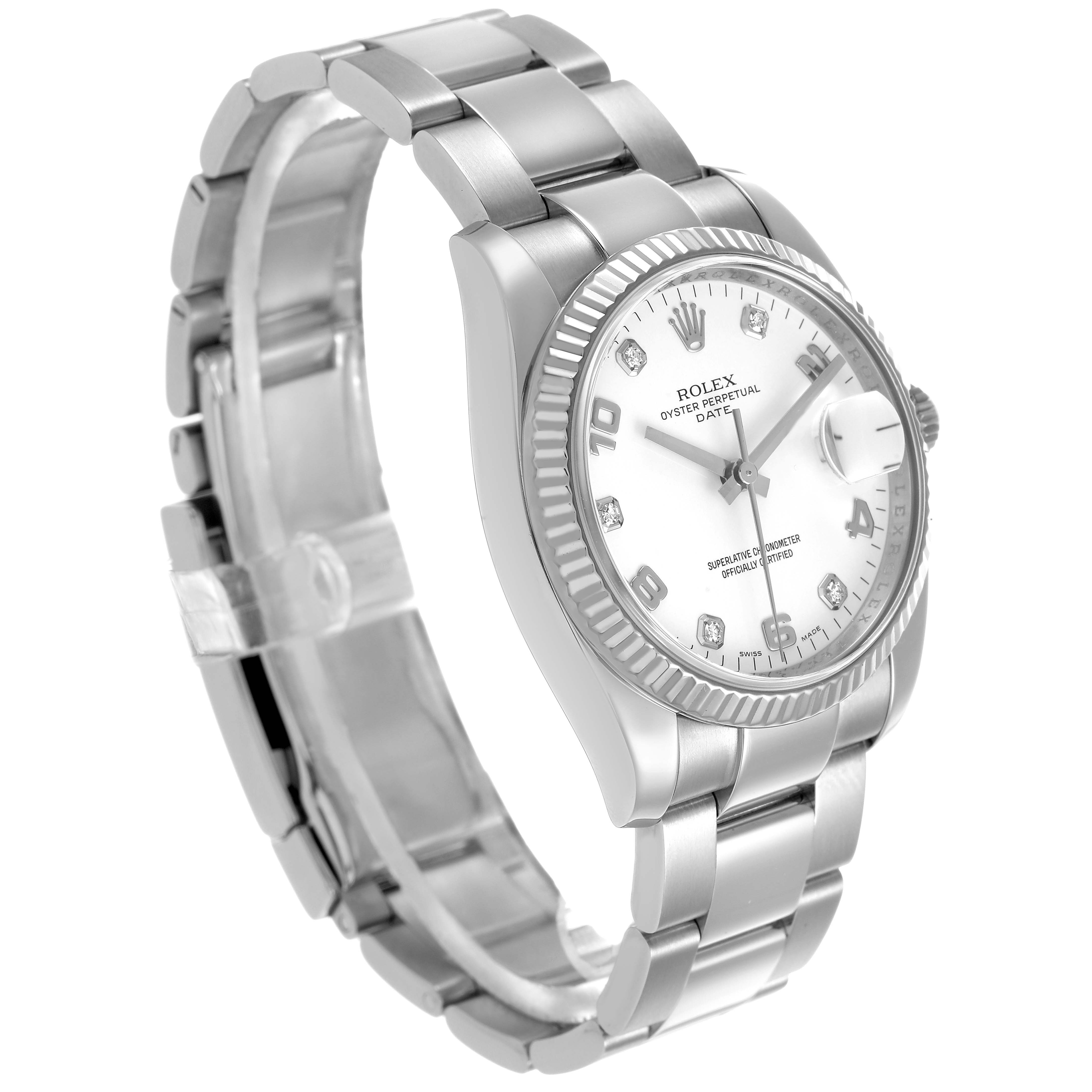 The Rolex Datejust 115234 Men's Stainless Steel White Dial is shown at an angle highlighting the white dial, fluted bezel, and stainless steel bracelet.