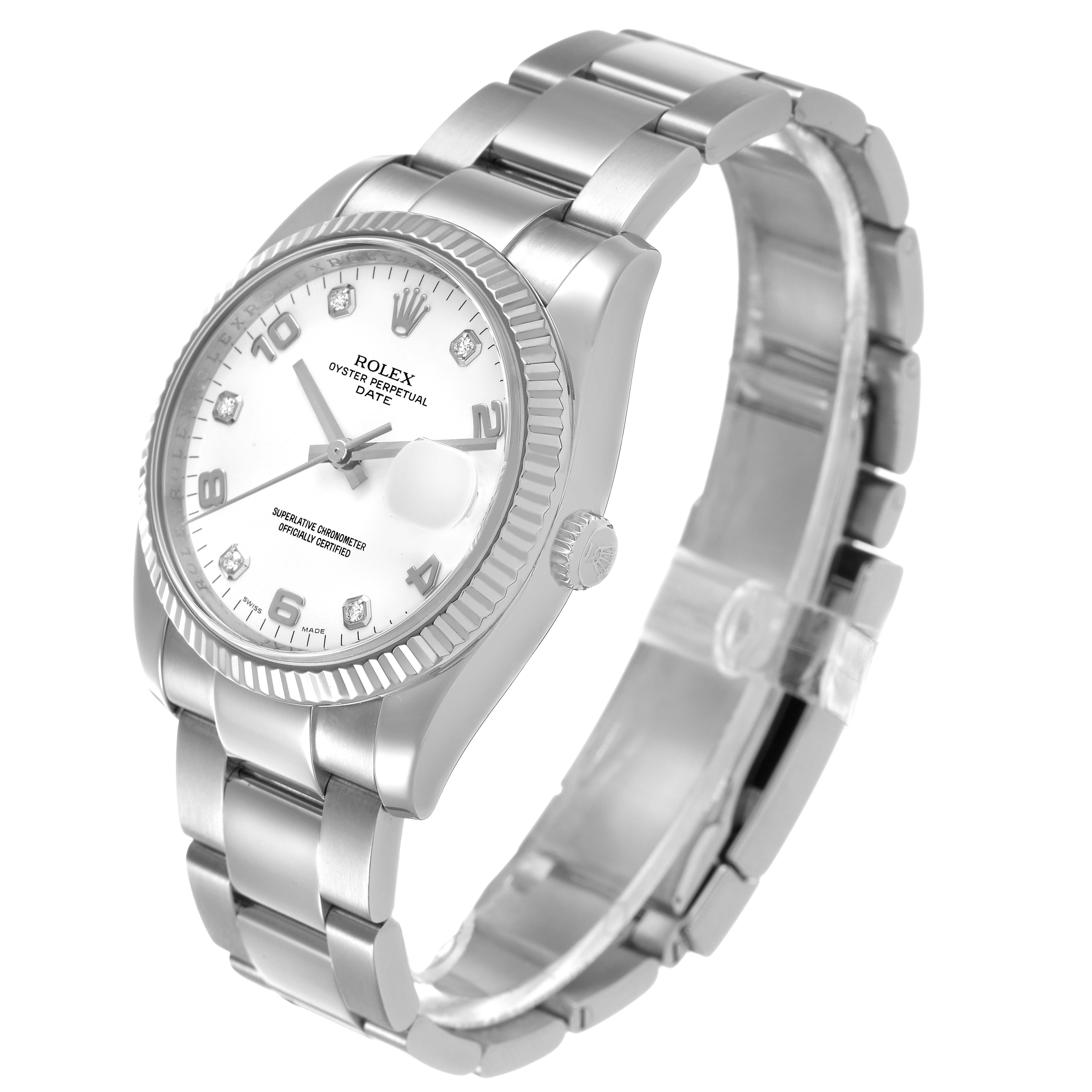 The Rolex Datejust 115234 Men's Stainless Steel White Dial is shown at a three-quarter angle, highlighting the dial, bezel, crown, and bracelet.