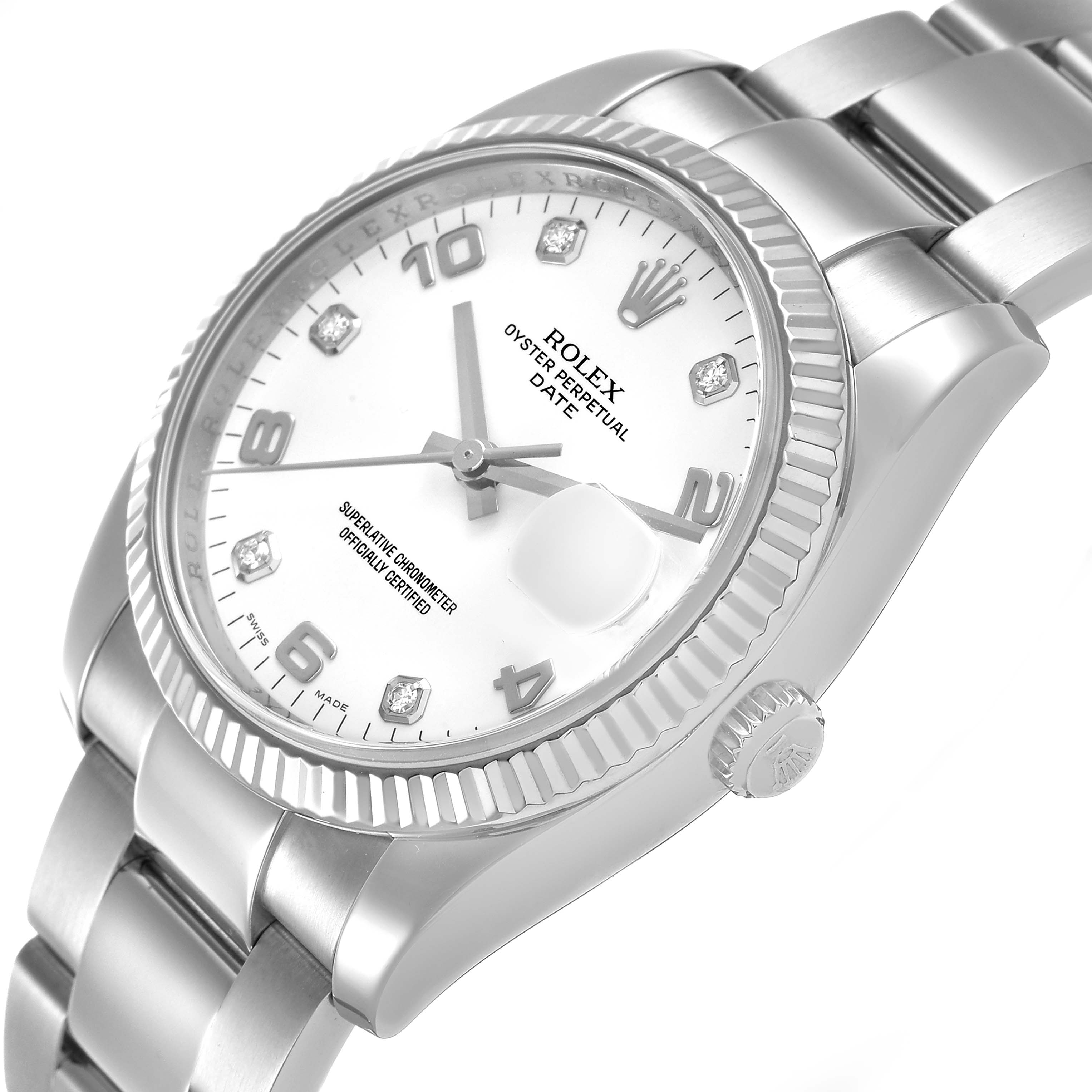 The Rolex Datejust 115234 Men's Stainless Steel White Dial watch is shown at a slight angle highlighting the dial, bezel, crown, and part of the bracelet.