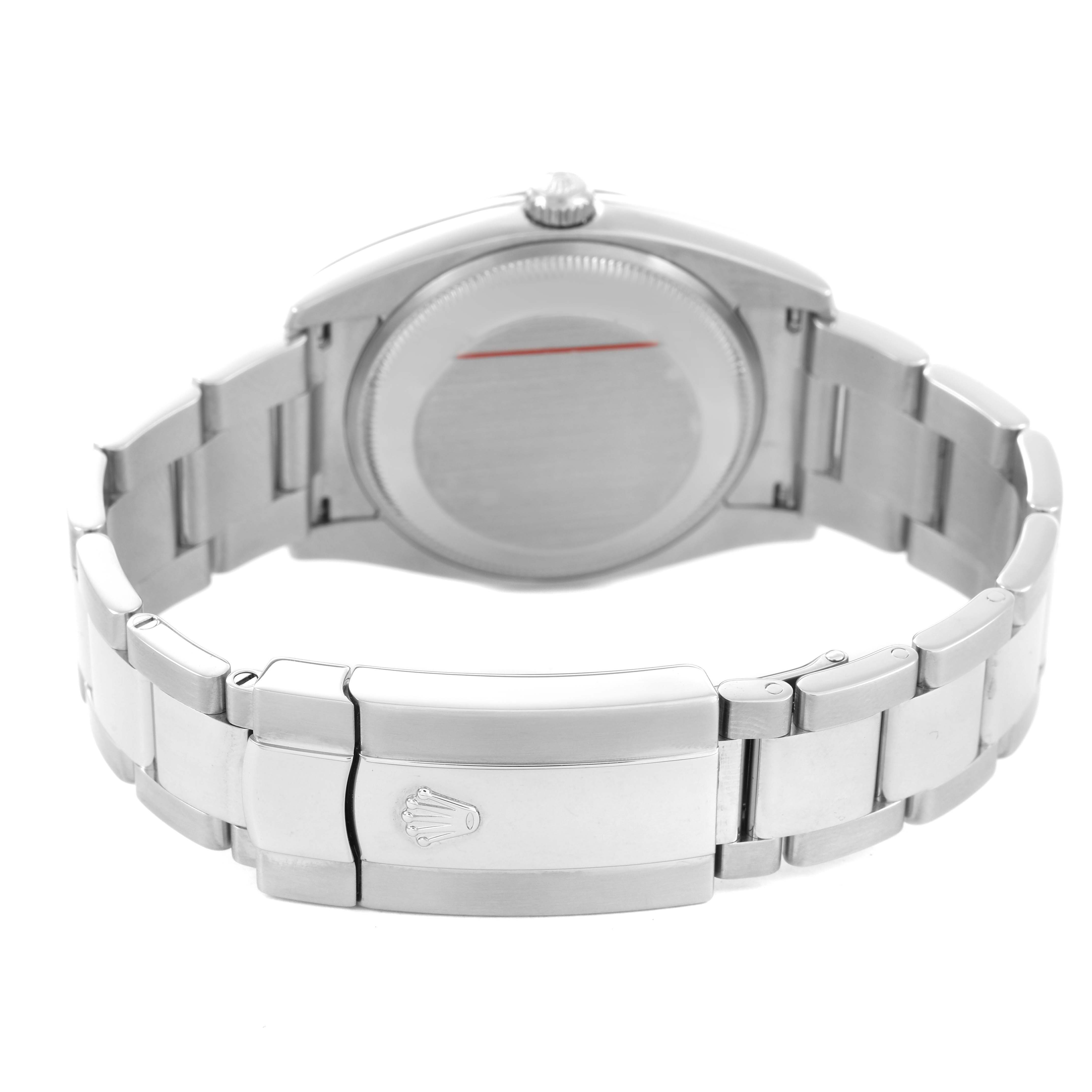 The image shows the back of the Rolex Datejust 115234 Men's Stainless Steel White Dial, highlighting the clasp and bracelet from a rear angle.