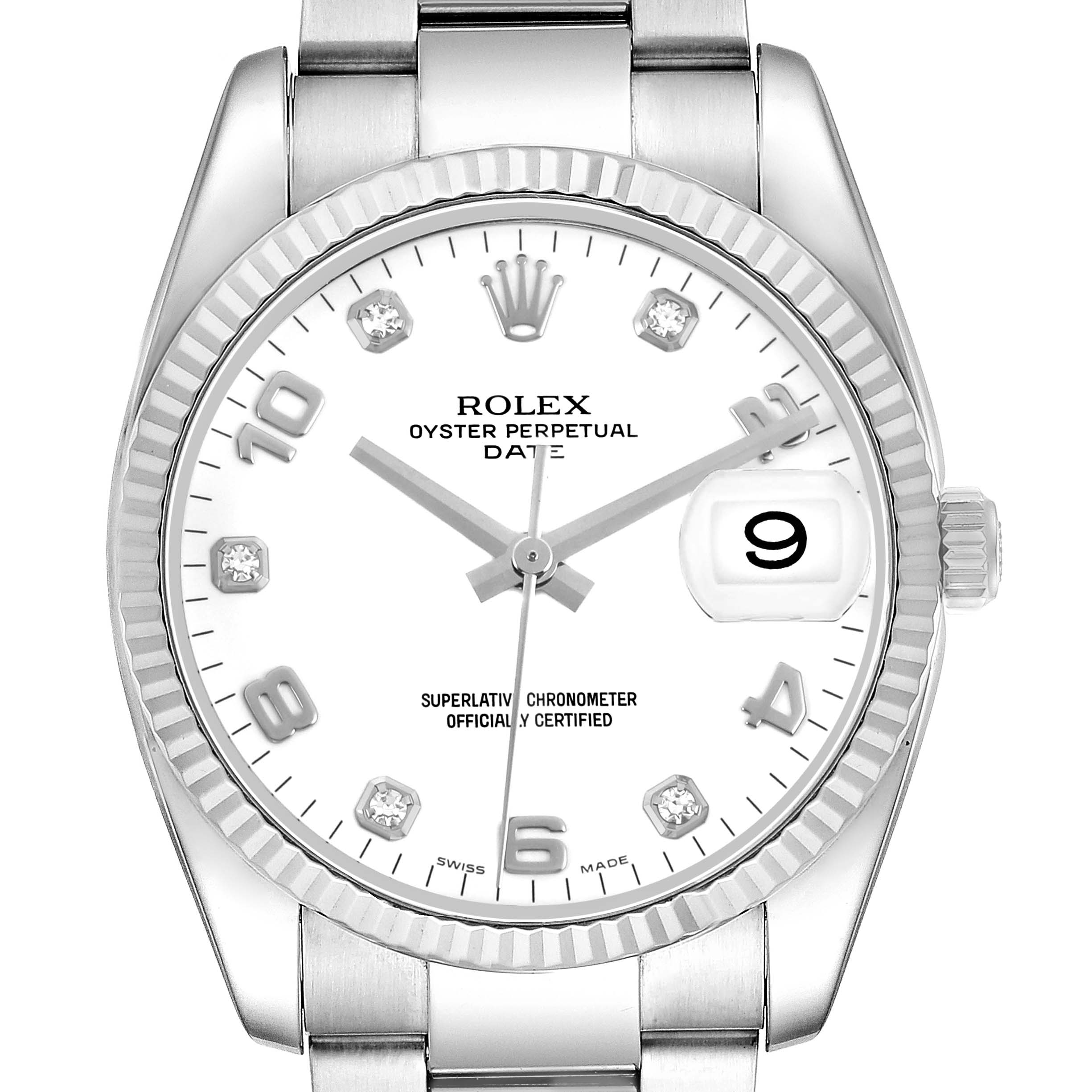 The Rolex Datejust 115234 Men's Stainless Steel White Dial watch is shown from a front angle, highlighting its dial, bezel, crown, and bracelet.