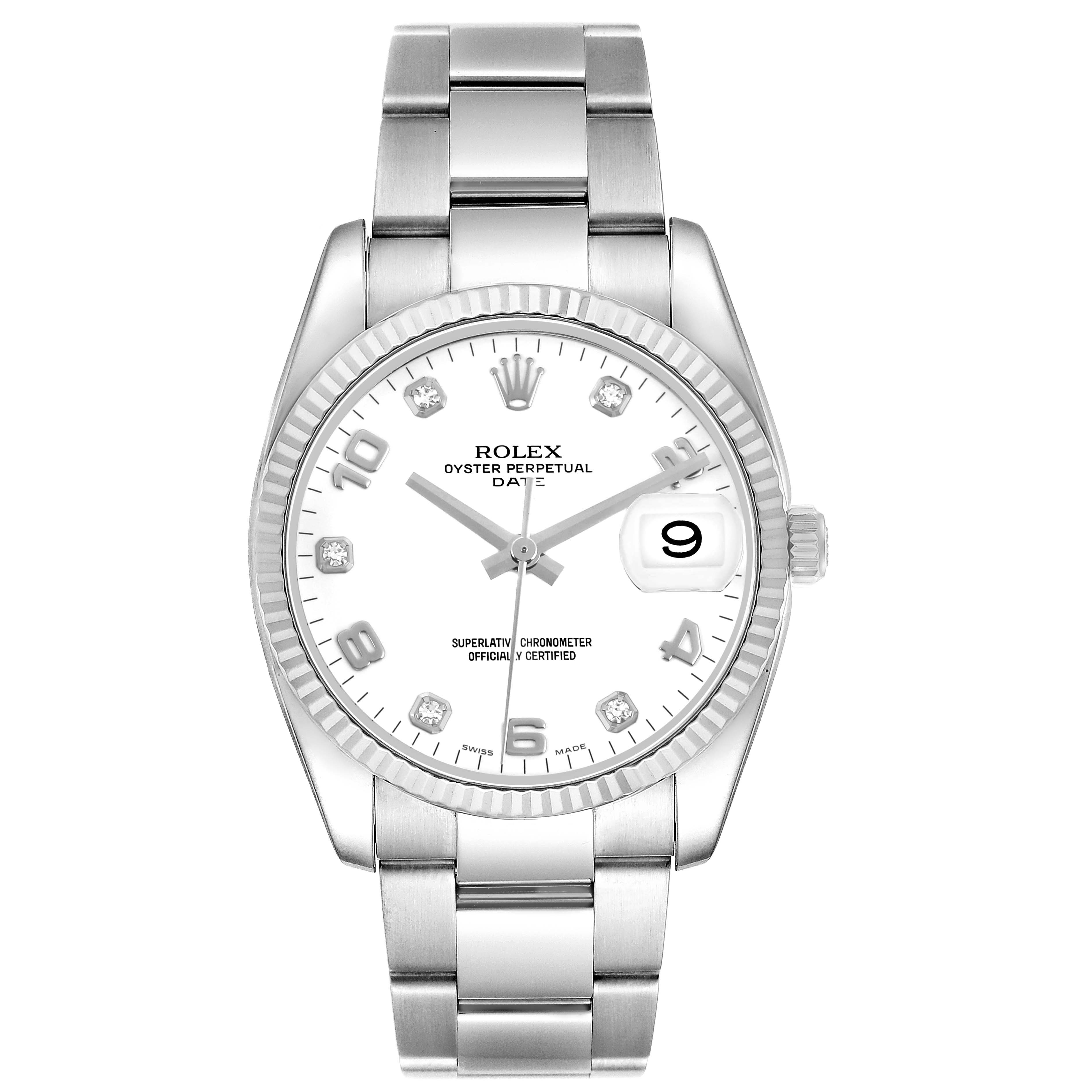 The Rolex Datejust 115234 Men's Stainless Steel White Dial watch is shown from a front view, displaying the dial, fluted bezel, and bracelet.