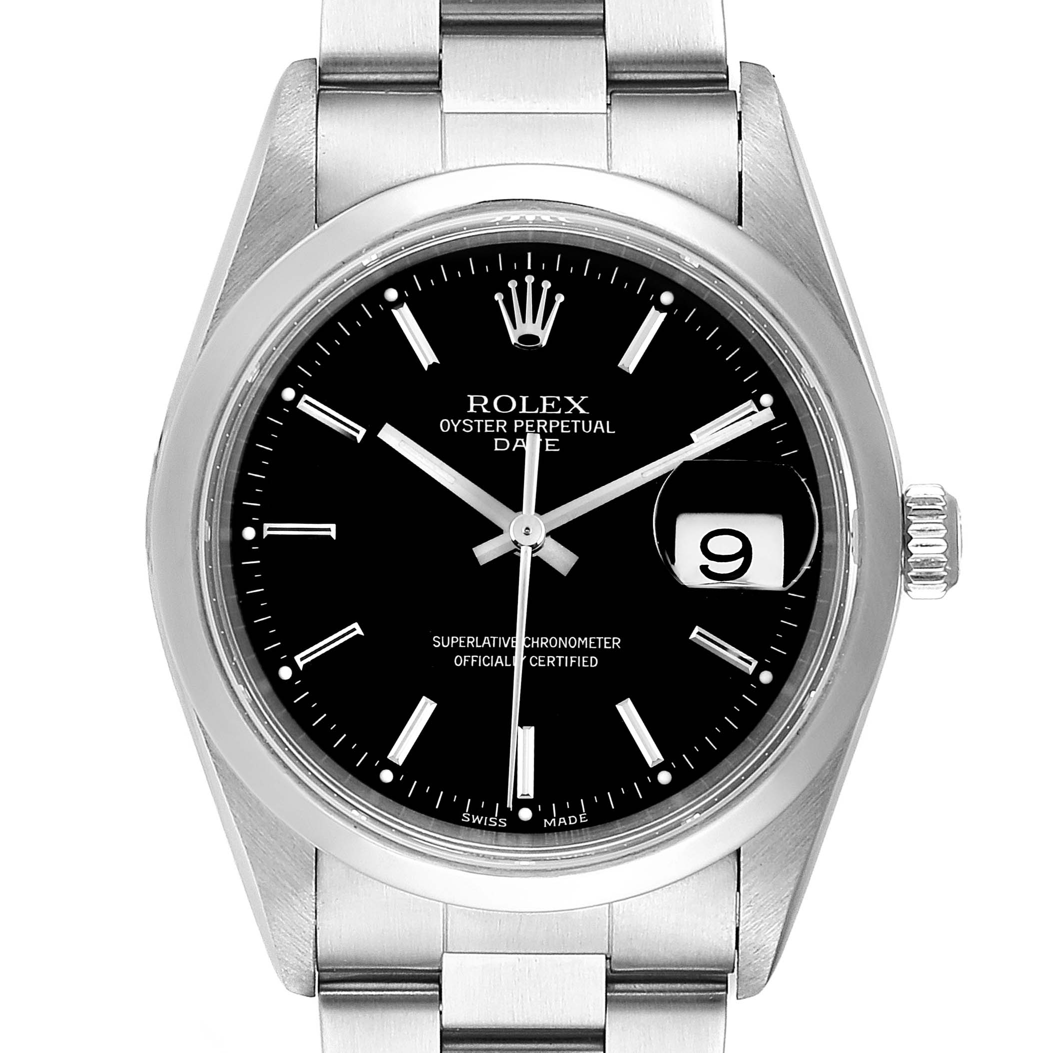 The Rolex Date 15200 Men's Stainless Steel Black Dial 15200 Men's Stainless Steel Black Dial model watch is shown from the front, displaying the dial, hands, date window, crown, and part of the bracelet.
