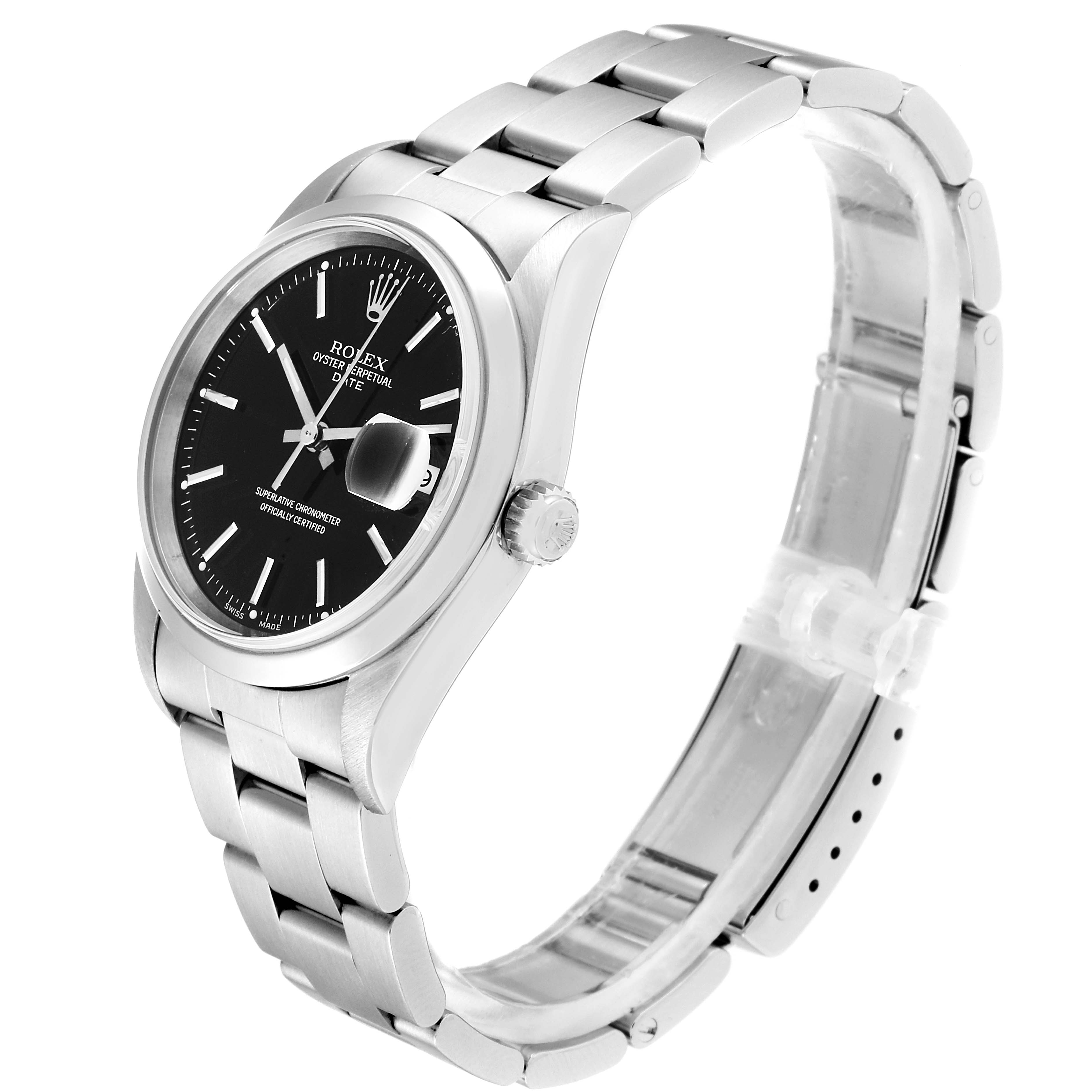 This image shows a side angle of a Rolex Date 15200 Men's Stainless Steel Black Dial 15200 Men's Stainless Steel Black Dial model watch, displaying the black dial, crown, and stainless steel bracelet.