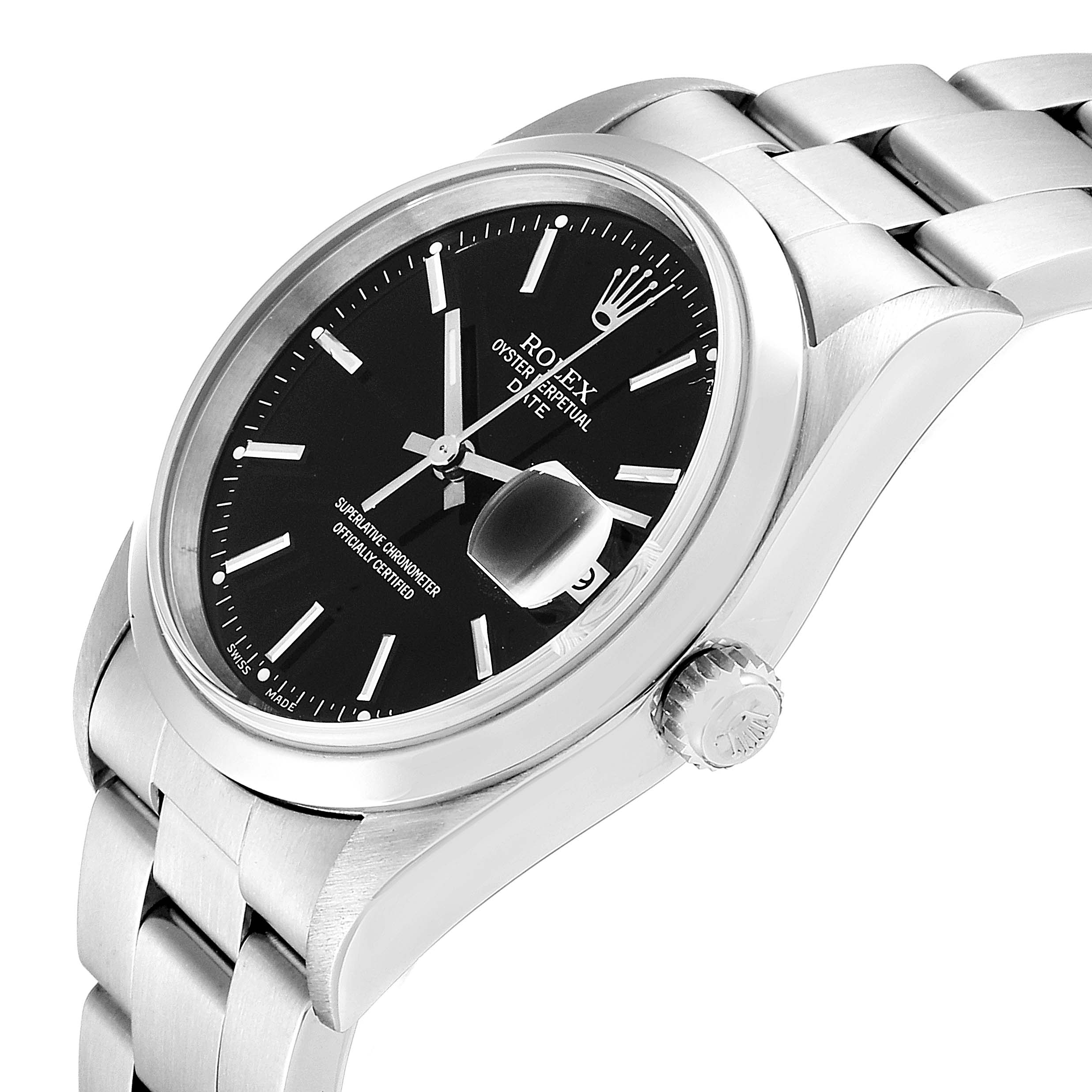 The image shows a close-up side angle of the Rolex Date 15200 Men's Stainless Steel Black Dial 15200 Men's Stainless Steel Black Dial model watch, featuring the crown, bracelet, and part of the dial.