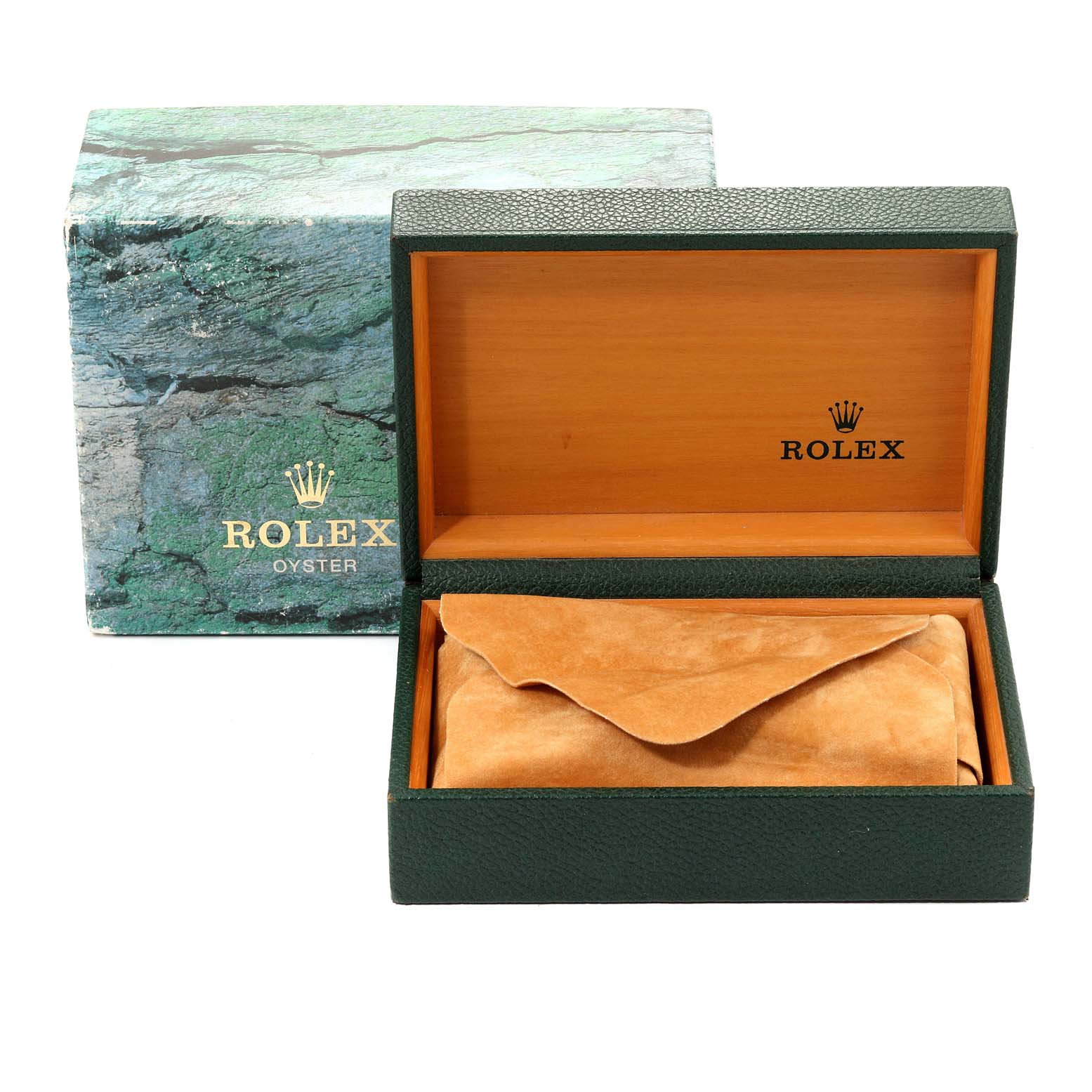 The image shows the packaging box for a Rolex Date 15210 Men's Stainless Steel Black Dial 15210 Men's Stainless Steel Black Dial model watch, featuring a green exterior and wood-lined interior.