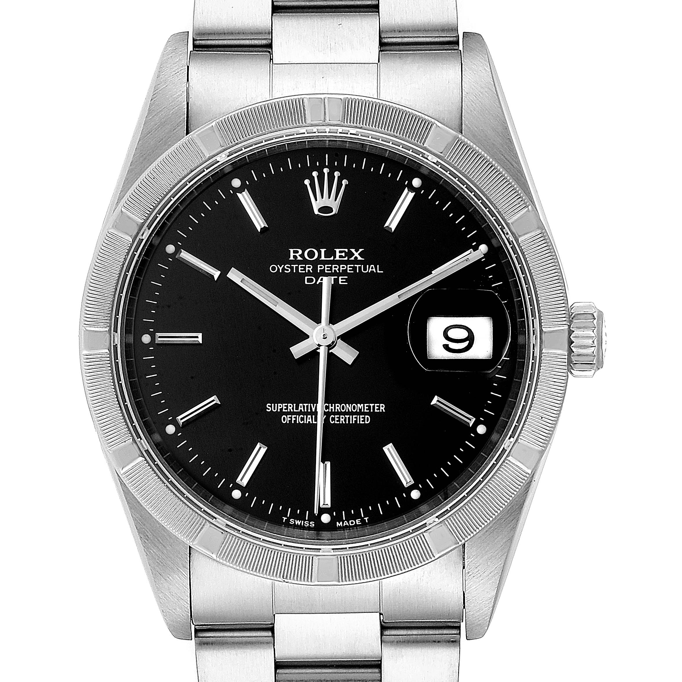 This is a front view of the Rolex Date 15210 Men's Stainless Steel Black Dial 15210 Men's Stainless Steel Black Dial model, showing the dial, hands, date window, and part of the bracelet.