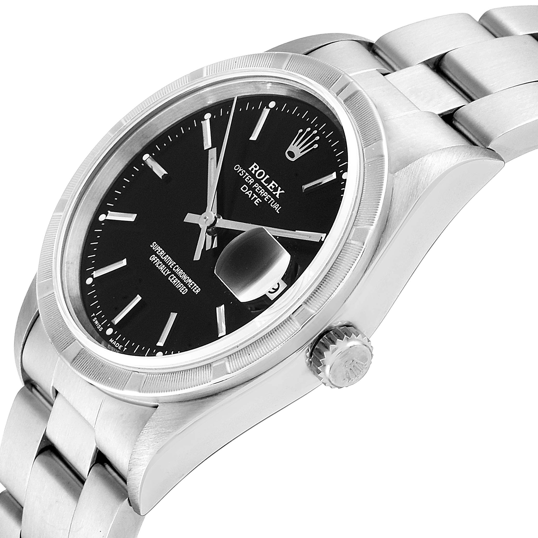 The image shows a side and partial top view of a Rolex Oyster Perpetual Date watch, displaying the dial, bezel, and crown.